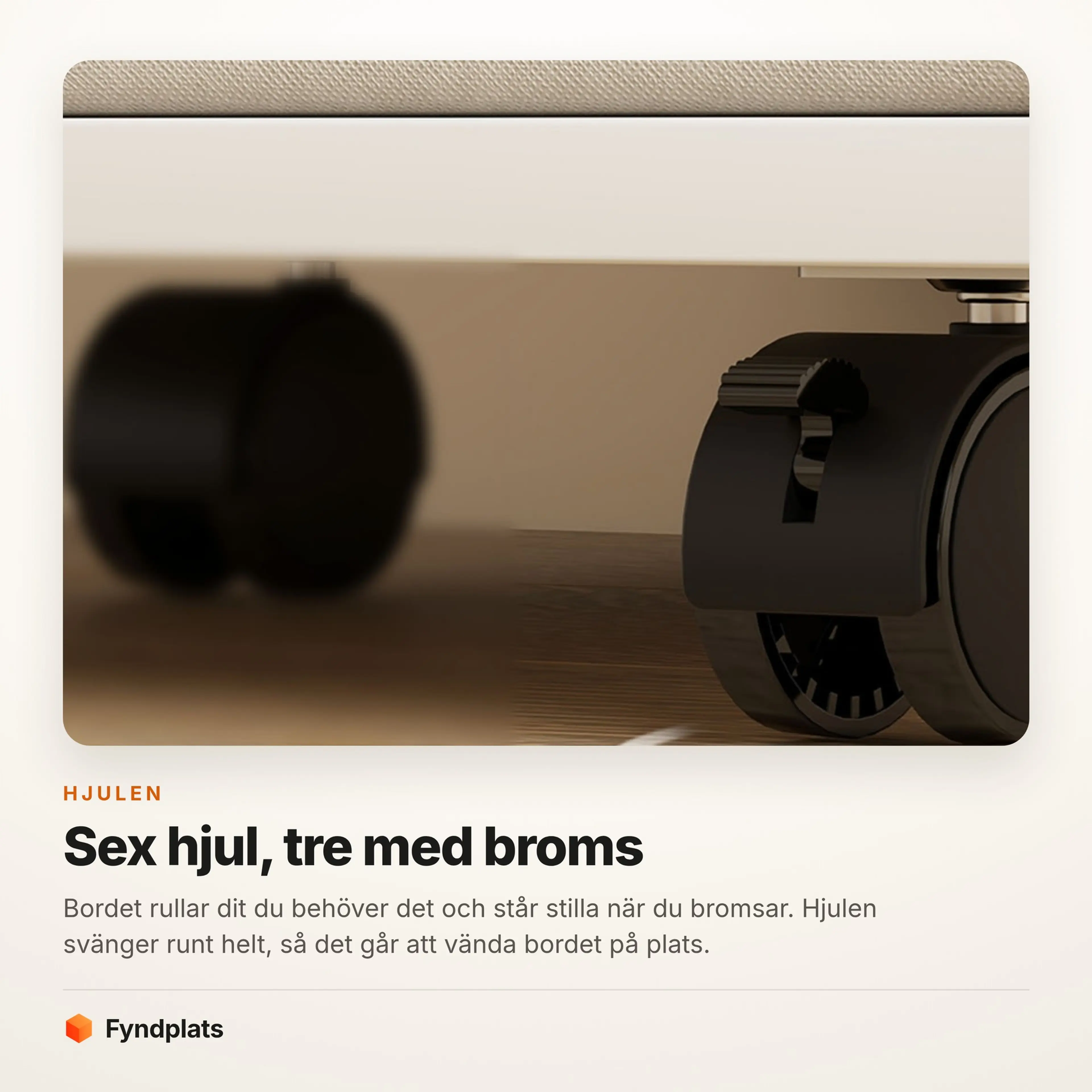 Närbild på ett av de sex hjulen med broms.