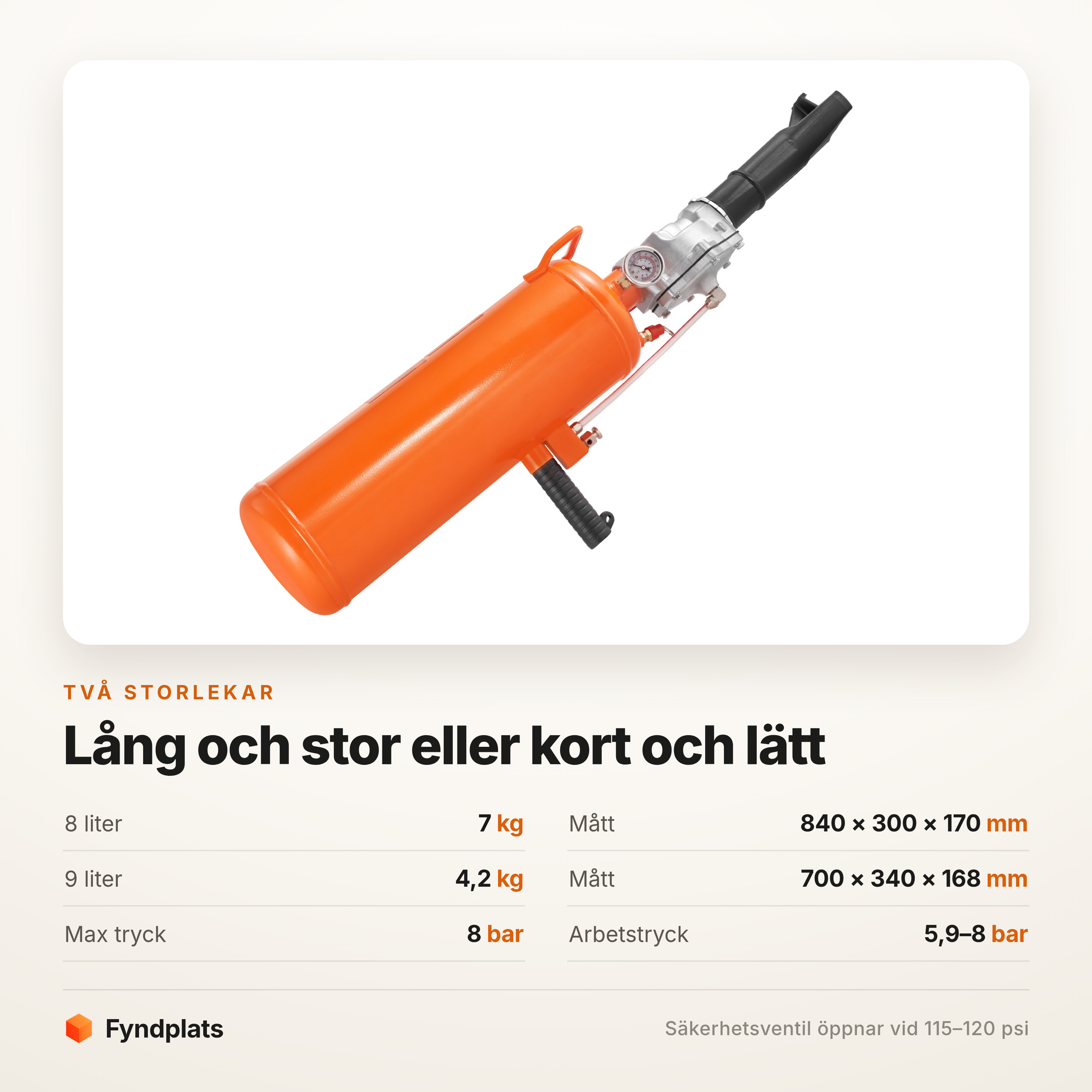Mått och tryck för bead blaster i 8 respektive 9 liter