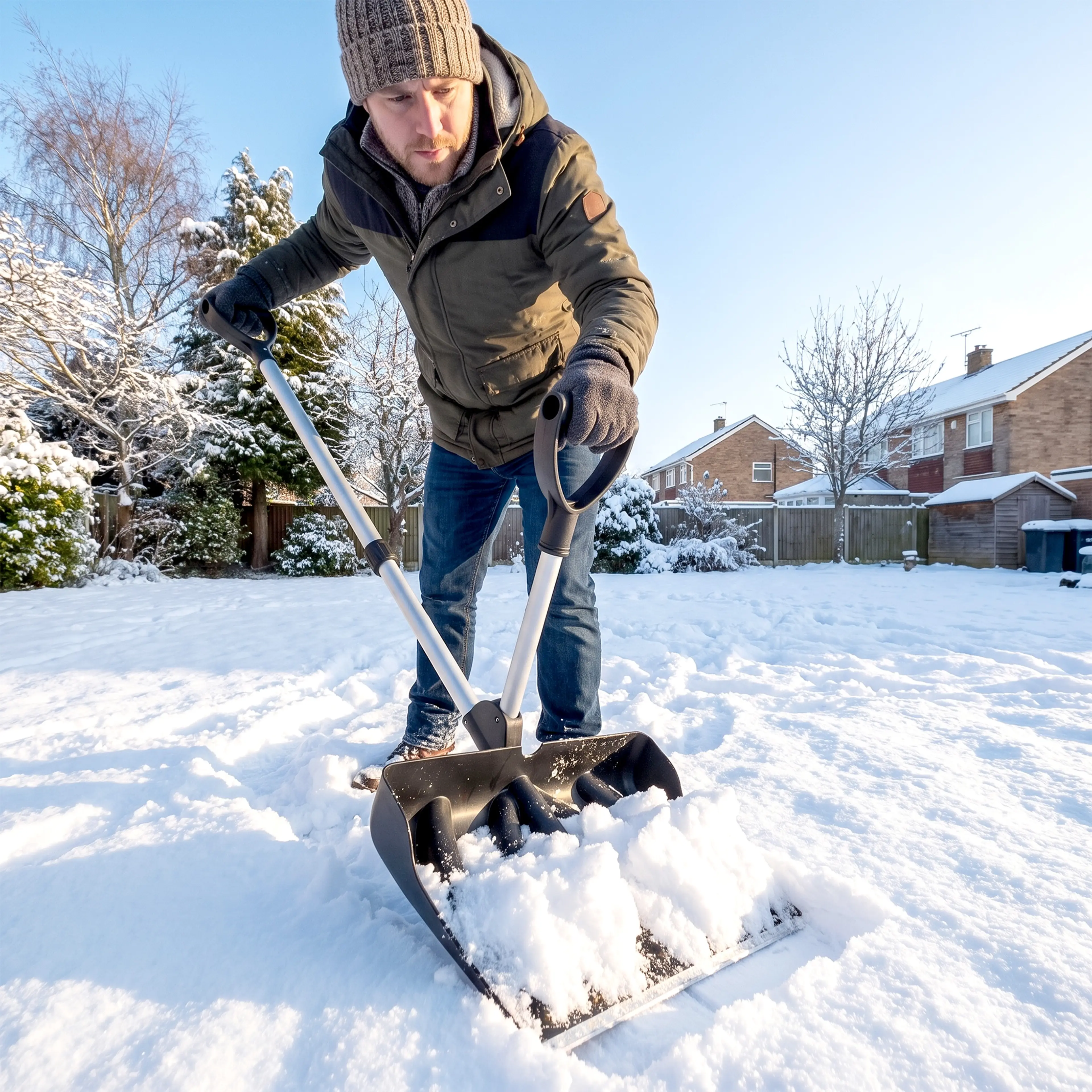 Man som skottar snö med skyffeln i en villaträdgård