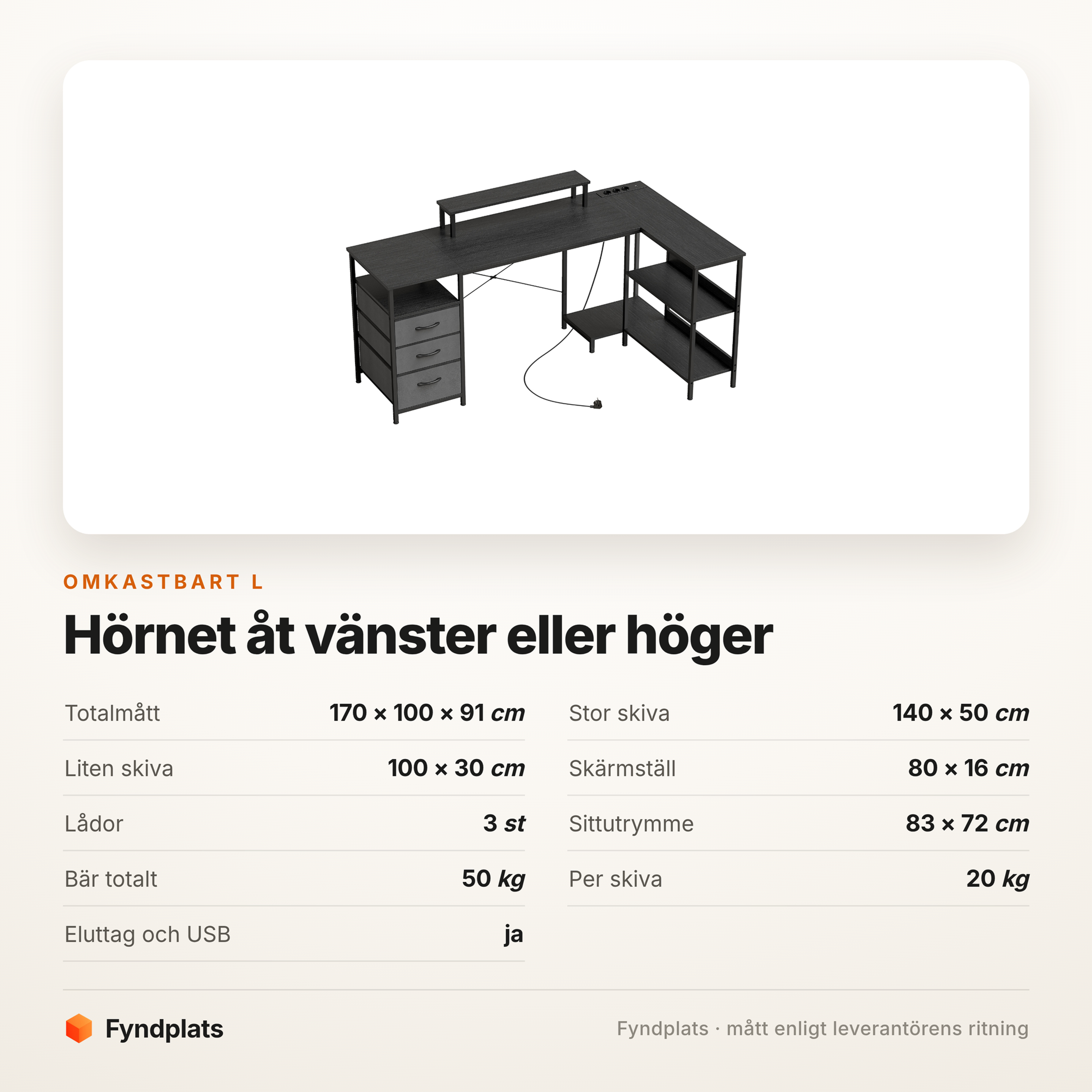 Hörnskrivbord 170 cm med tre lådor – svart – bild 5