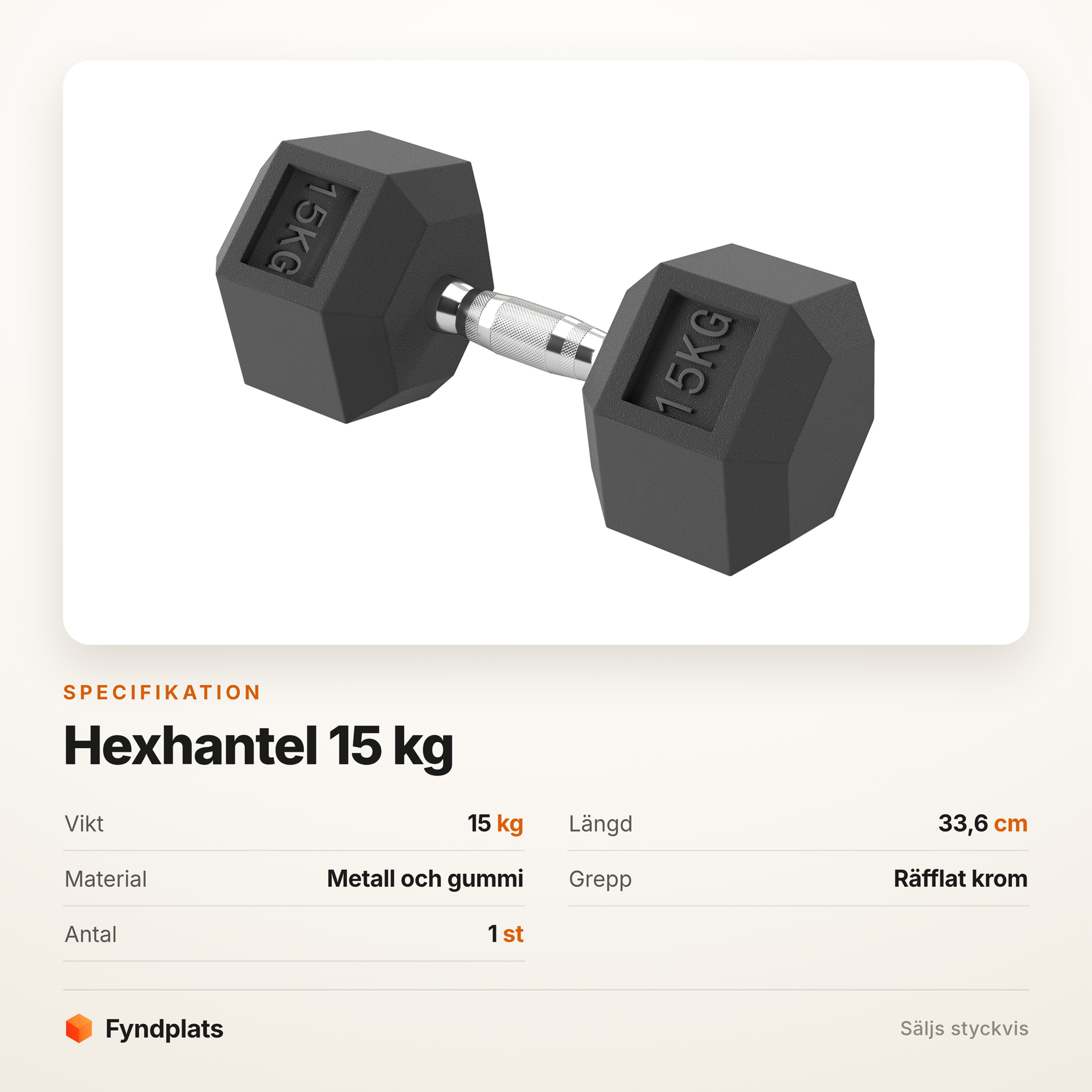 Fyndplats spec-kort för hexhantel 15 kg: 15 kg, 33,6 cm lång, metall och gummi, räfflat kromgrepp, säljs styckvis.