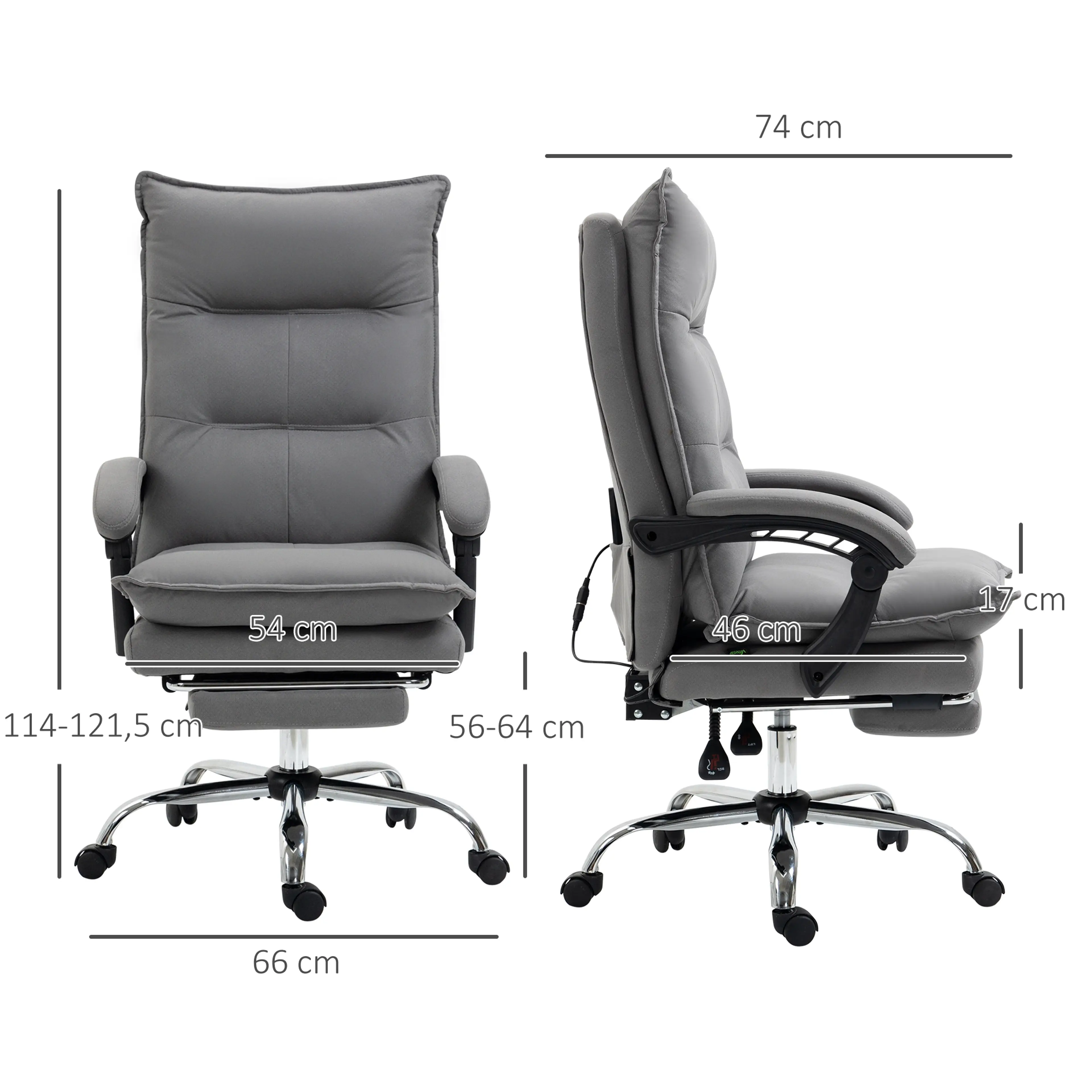 Måttritning med djup 74 cm, höjd 114–121,5 cm, sitthöjd 56–64 cm och bredd 66 cm