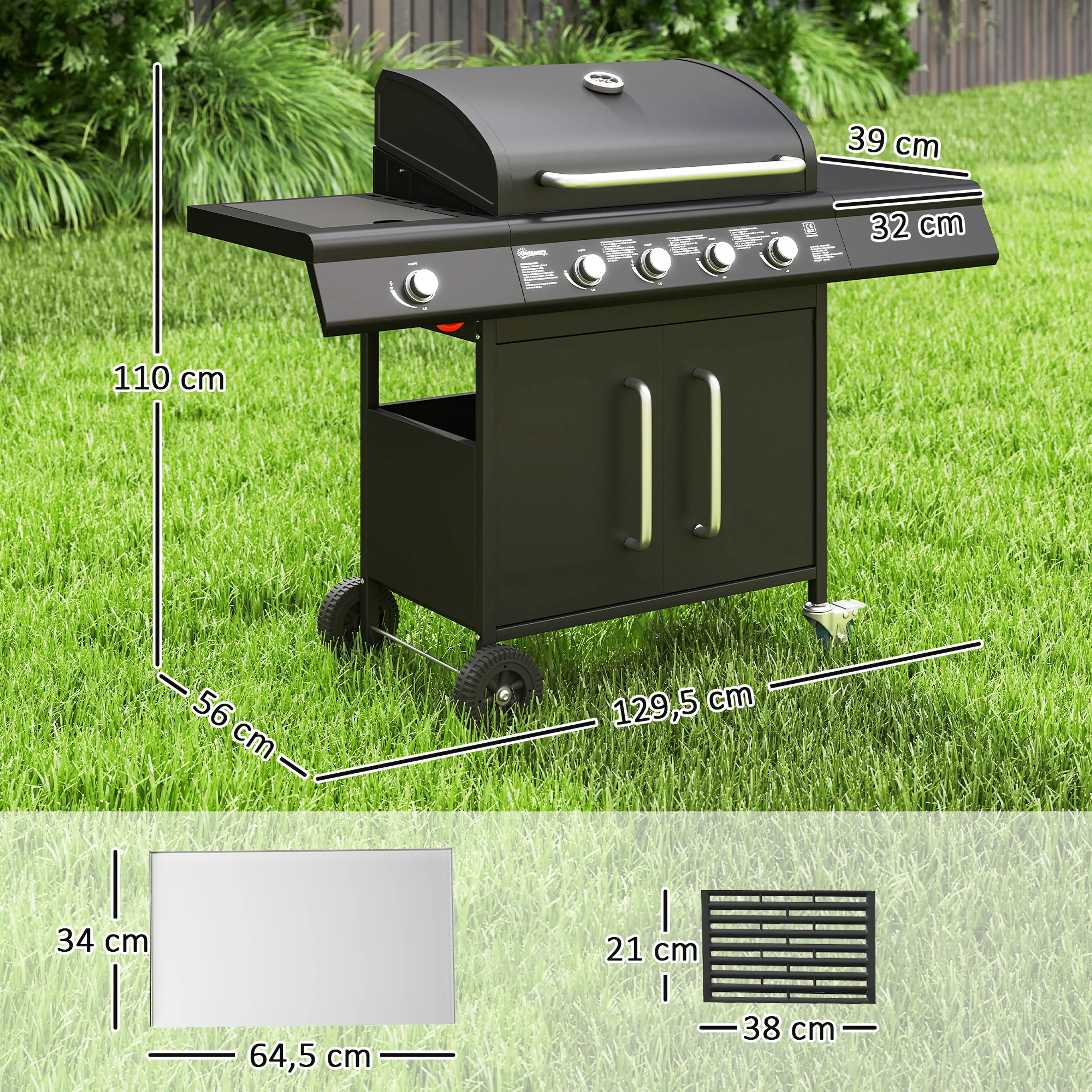 Måttritning: gasolgrill 129,5 × 56 × 110 cm med galler 21 × 38 cm