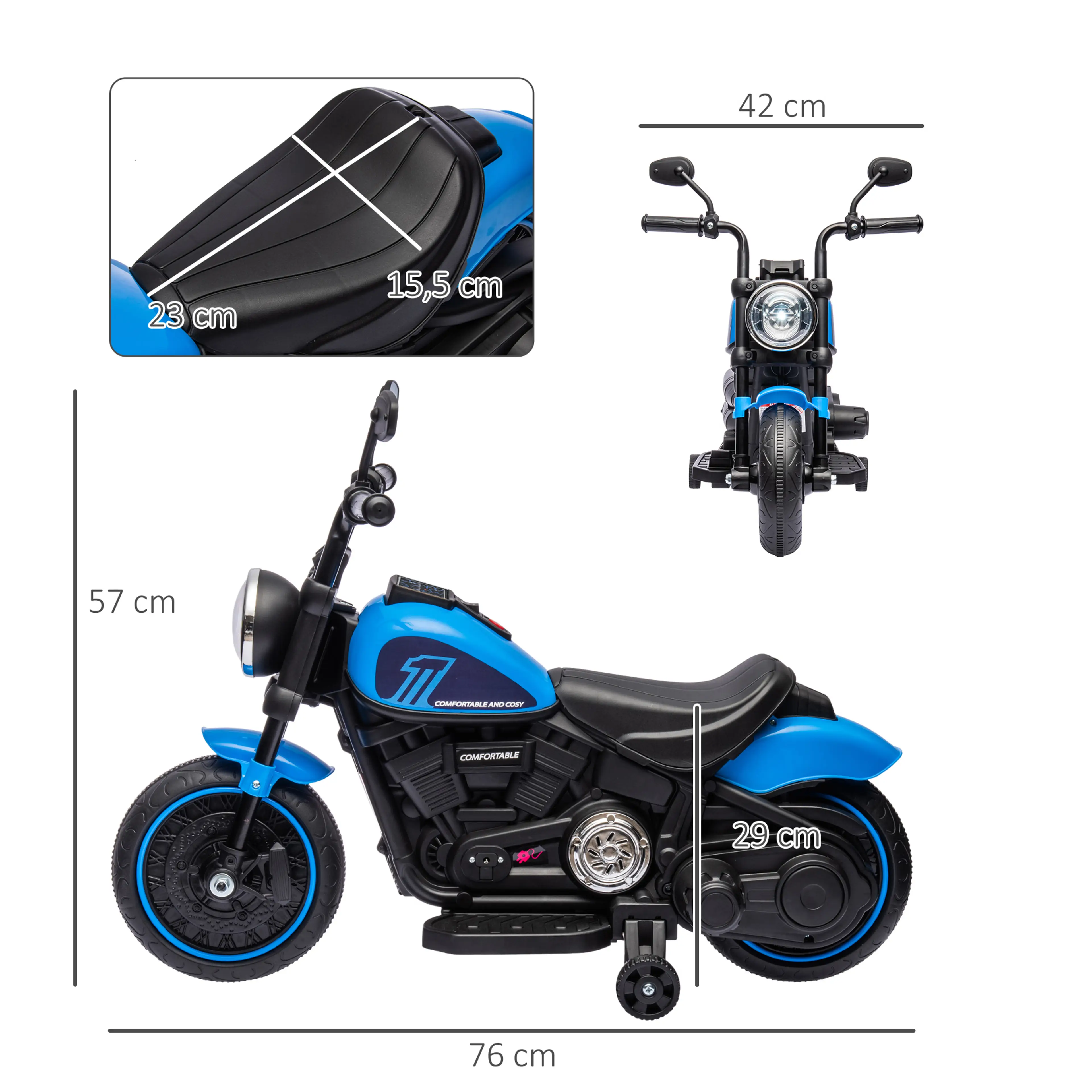 Måttskiss på blå elmotorcykel: 76 cm lång, 42 cm bred och 57 cm hög