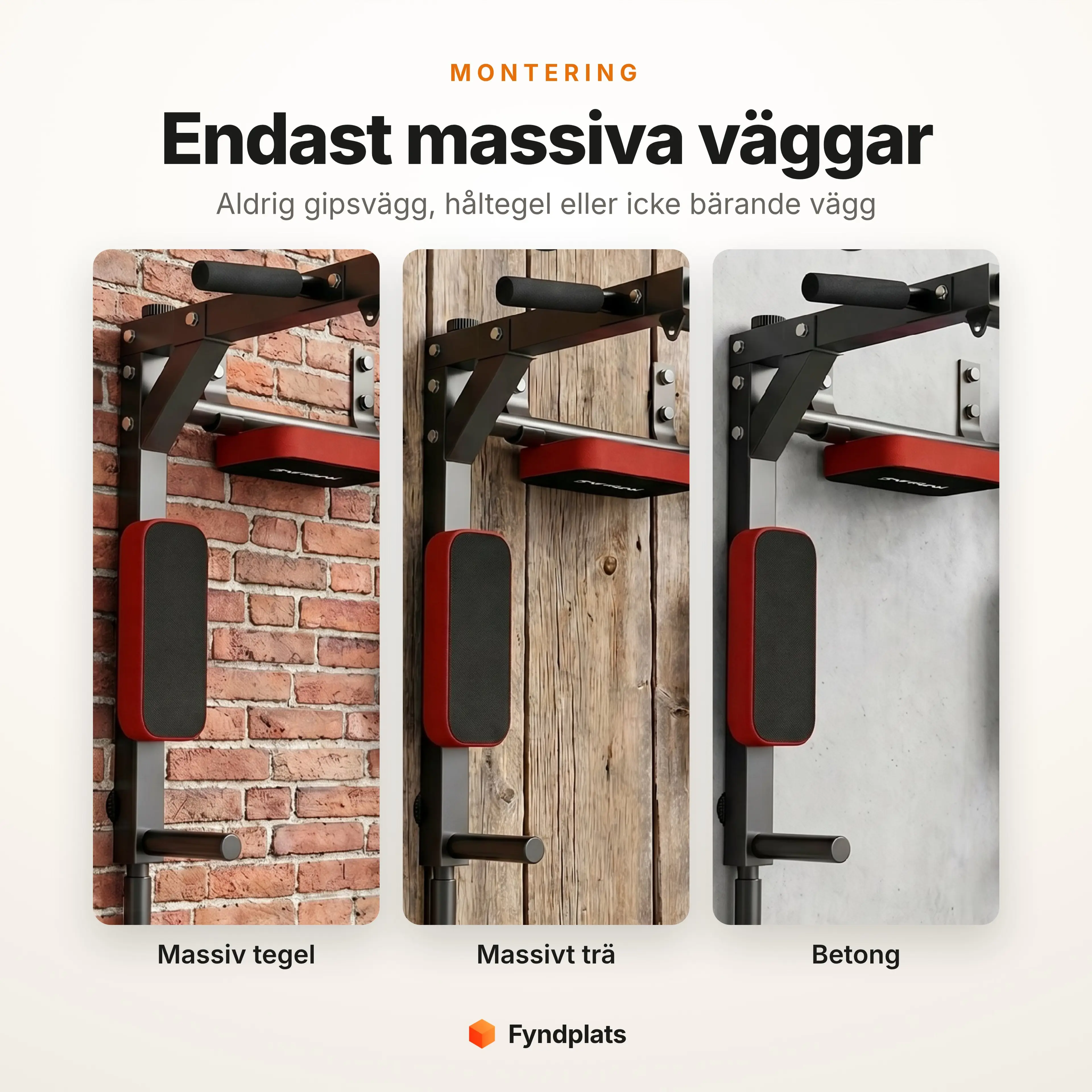 Chinsstången monterad på massiv tegelvägg, massivt trä och betongvägg