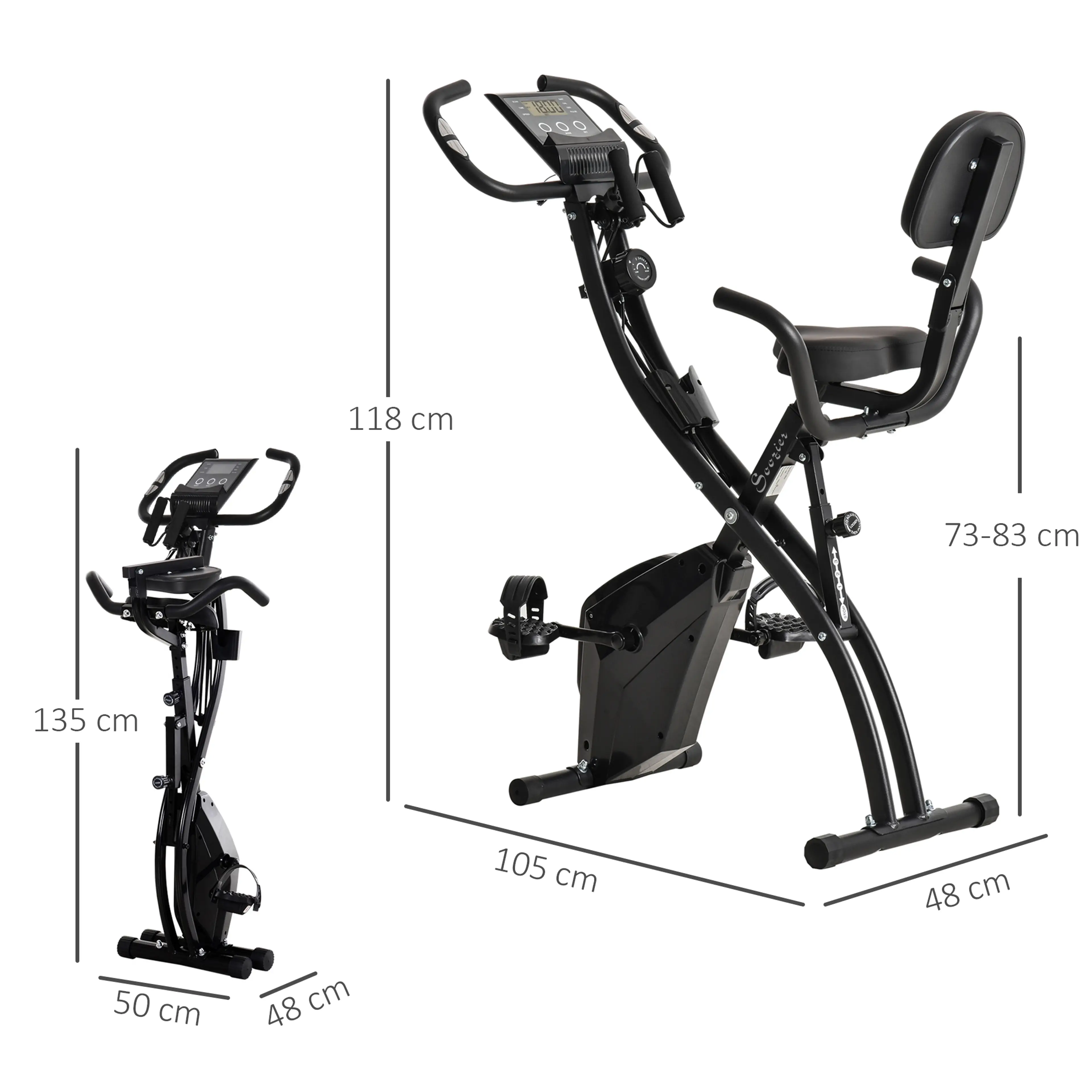 Måttbild på motionscykeln, 105 × 48 × 118 cm uppställd och 50 × 48 × 135 cm hopfälld
