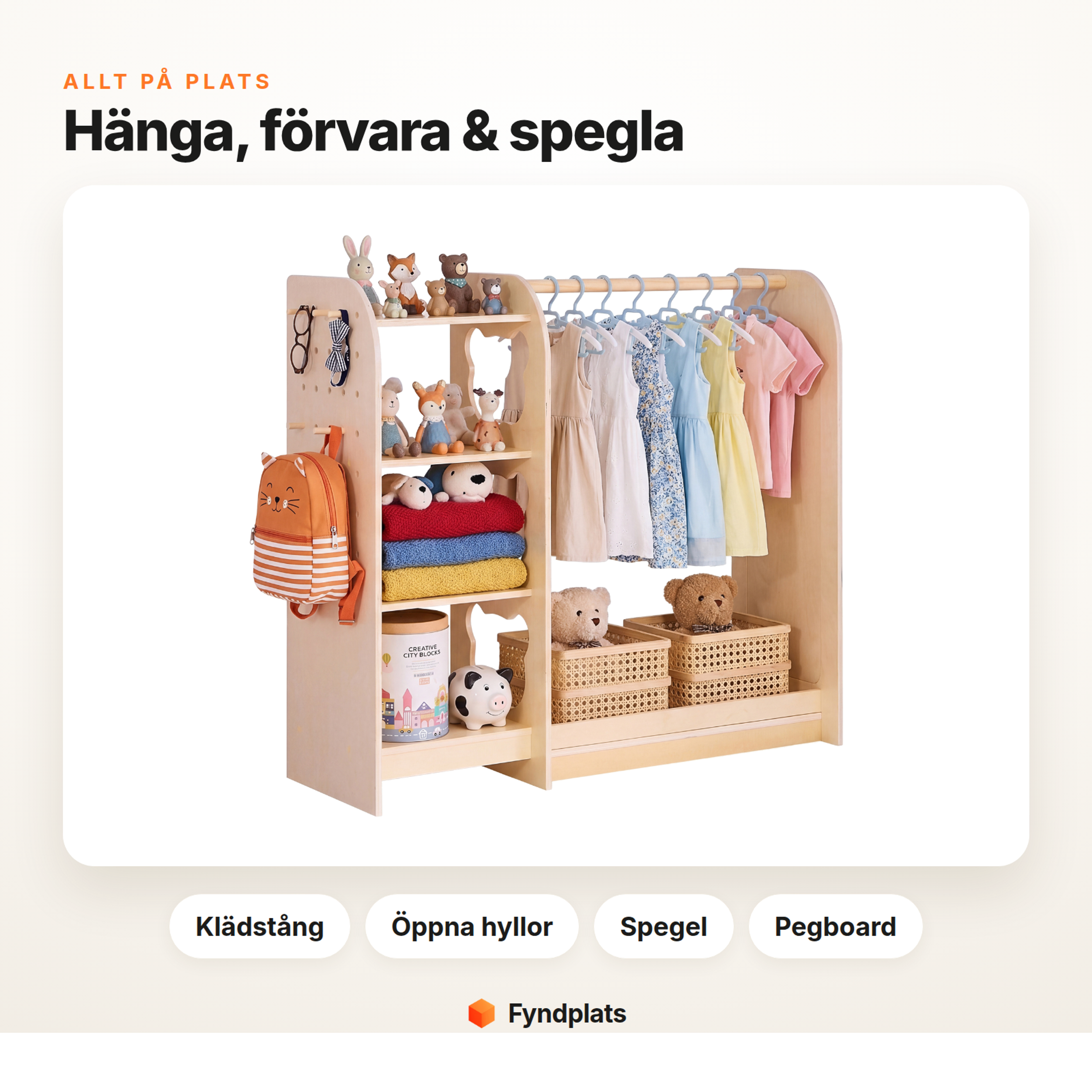 Klädställning med klädstång, öppna hyllor, spegel och pegboard