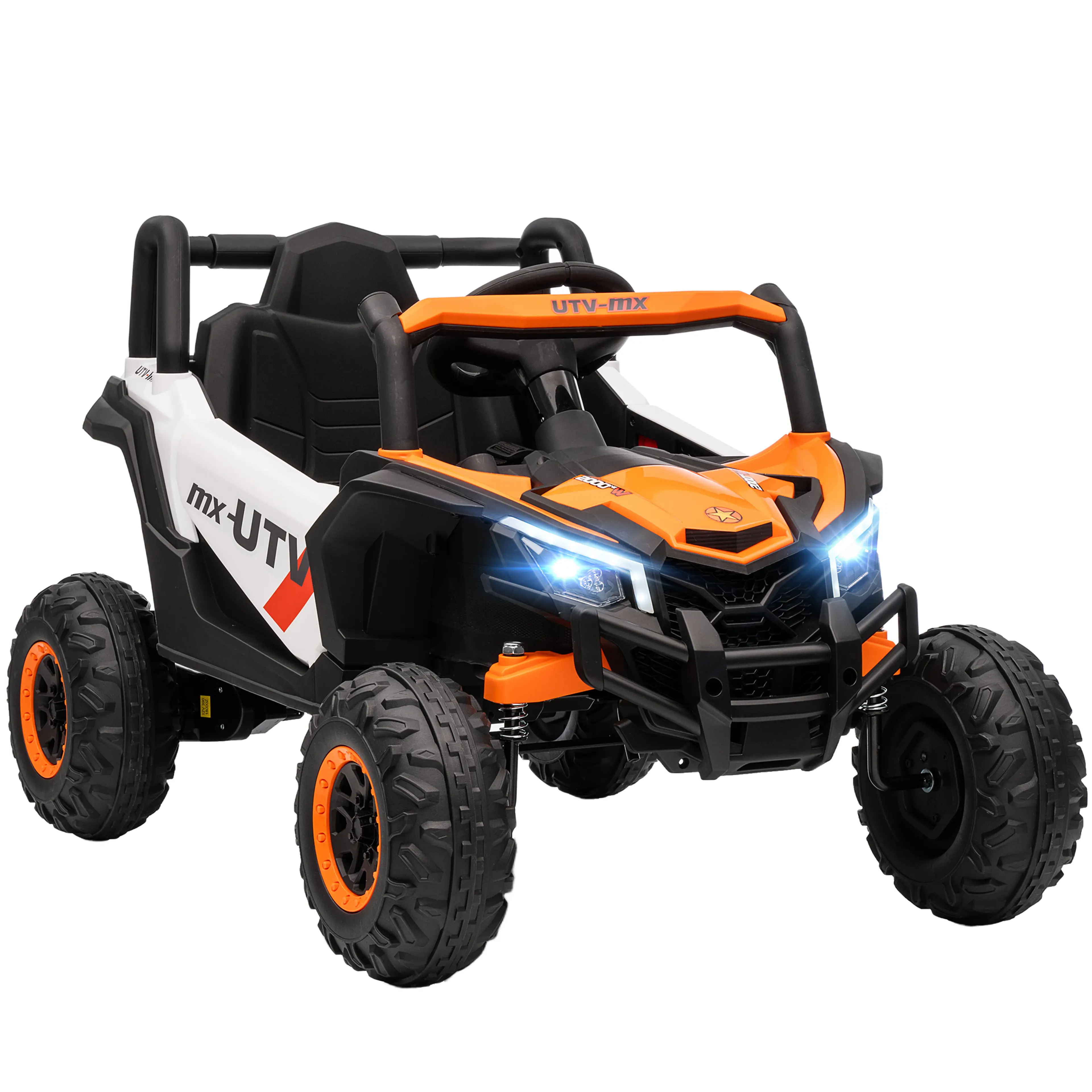 Orange elbil för barn i UTV-stil sedd snett framifrån