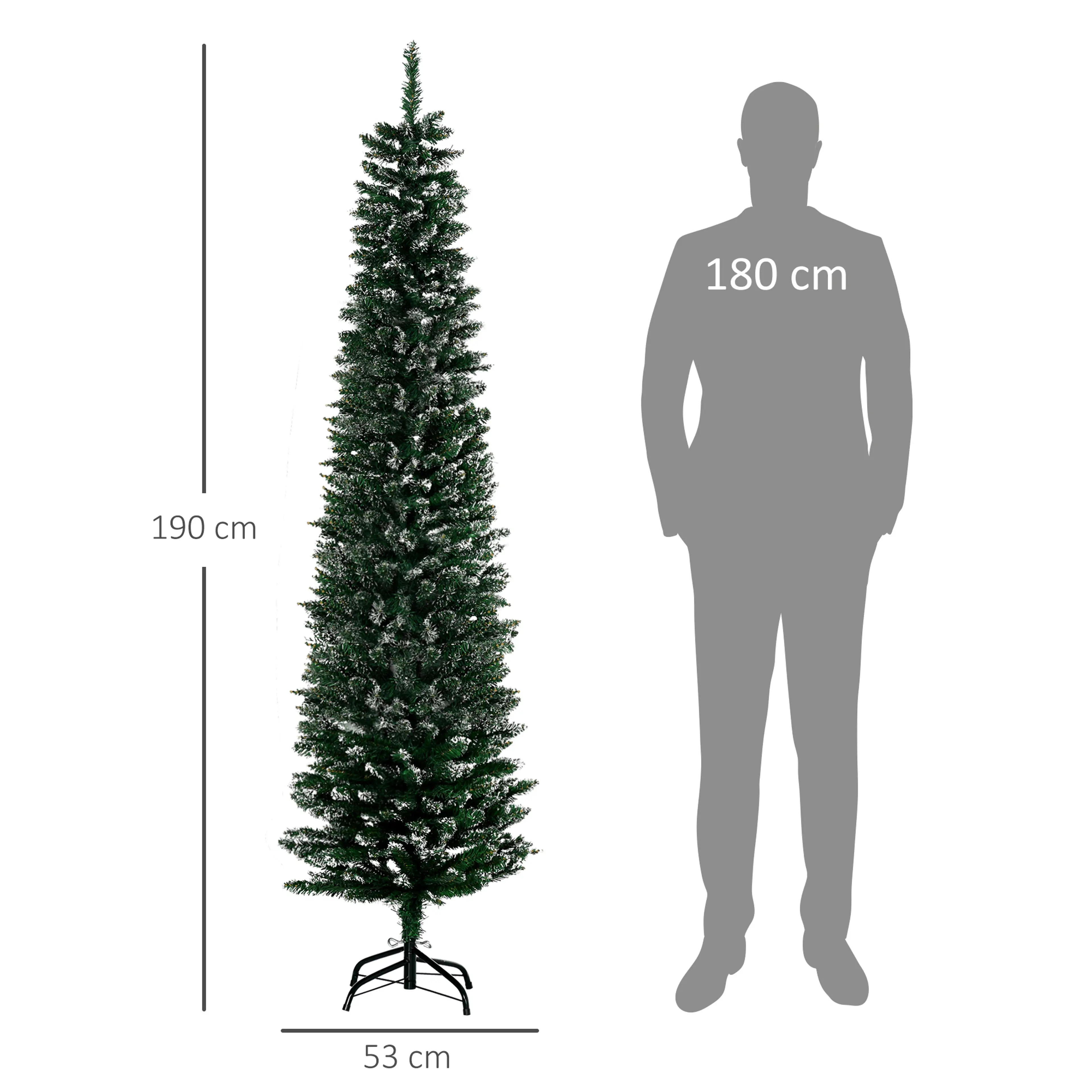 Måttbild: granen är 190 cm hög och Ø53 cm, bredvid en siluett av en person