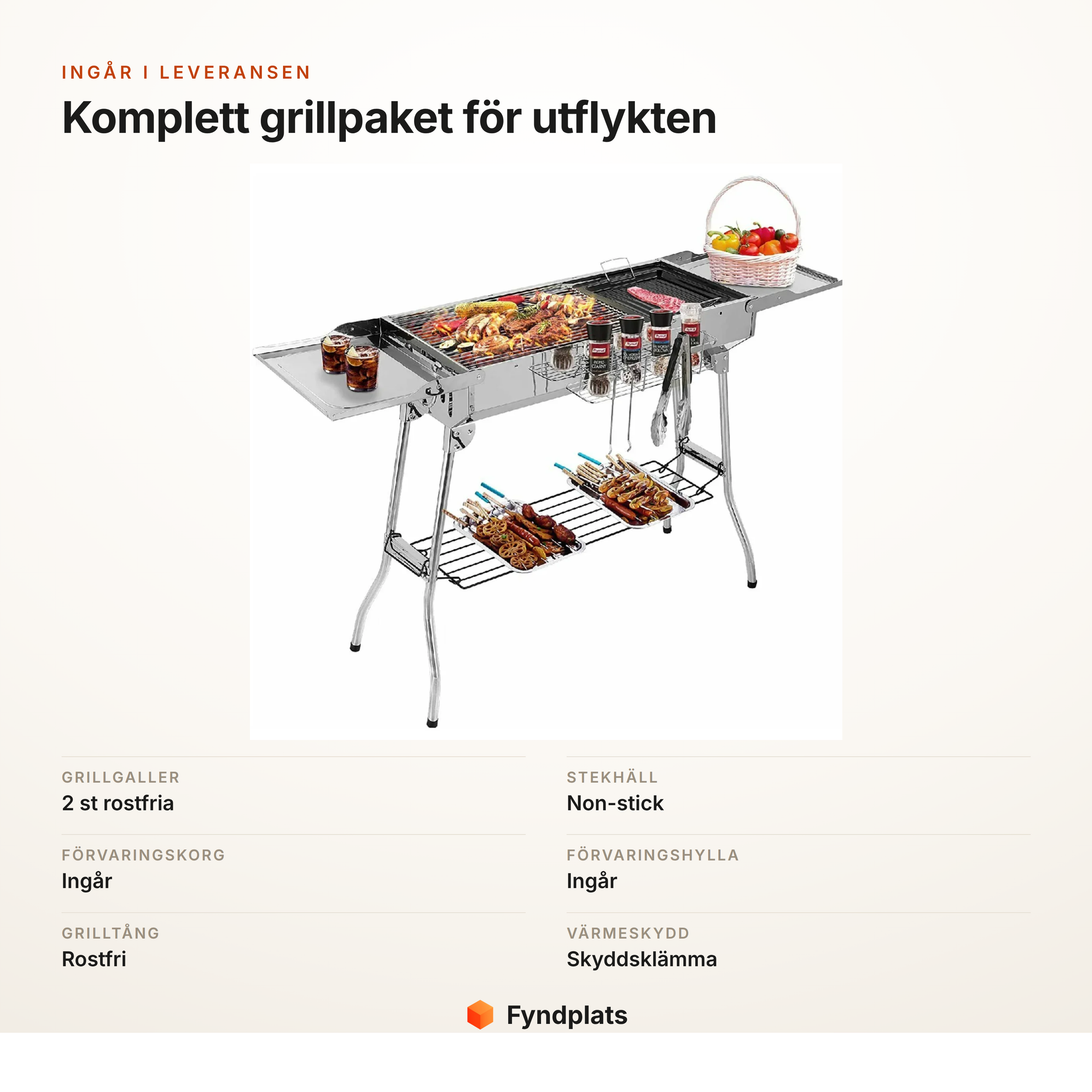 Kort som visar allt som ingår i leveransen av den portabla kolgrillen