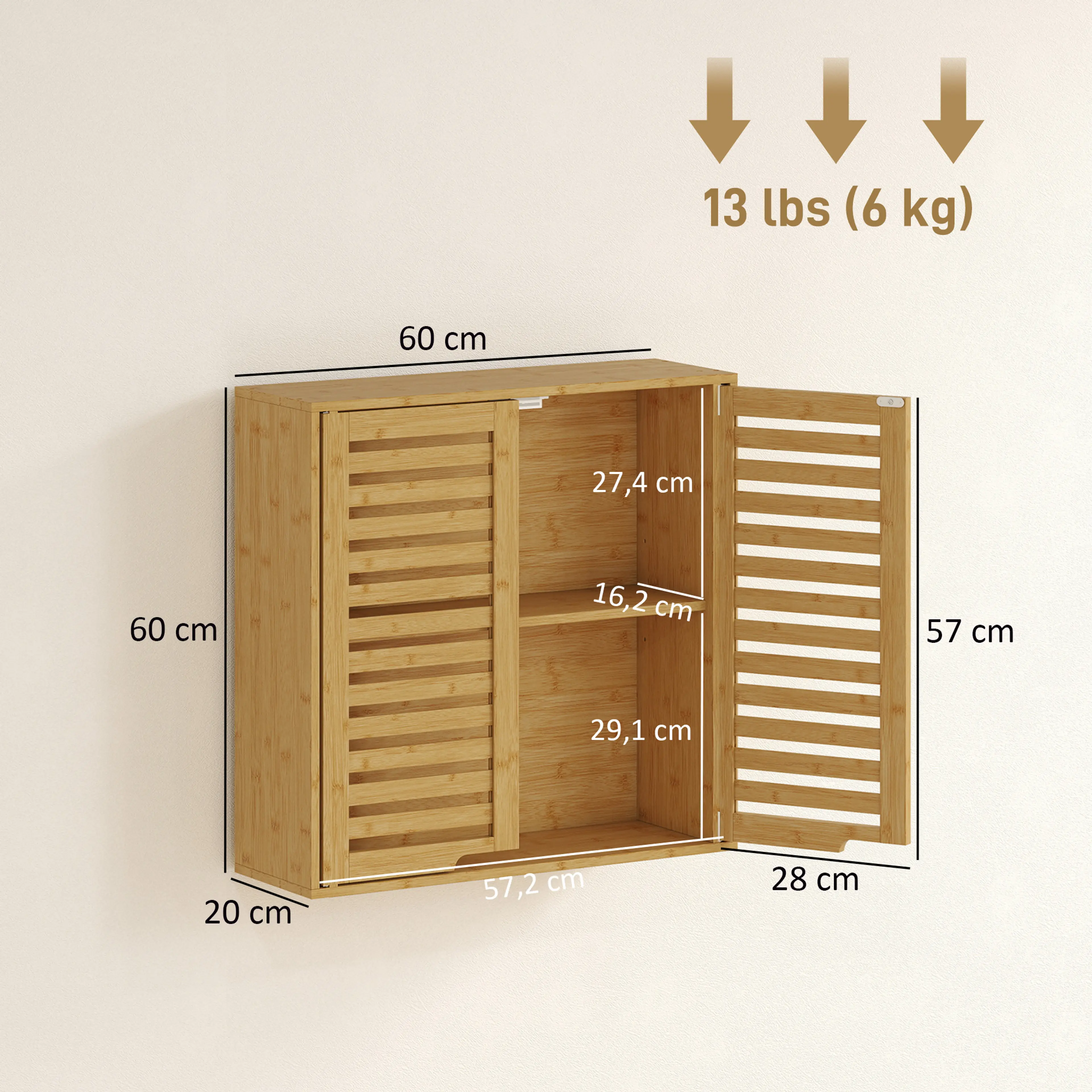 Måttbild: skåpet är 60 × 20 × 60 cm med fack på 27,4 och 29,1 cm och innerbredden 57,2 cm, och det bär 6 kg