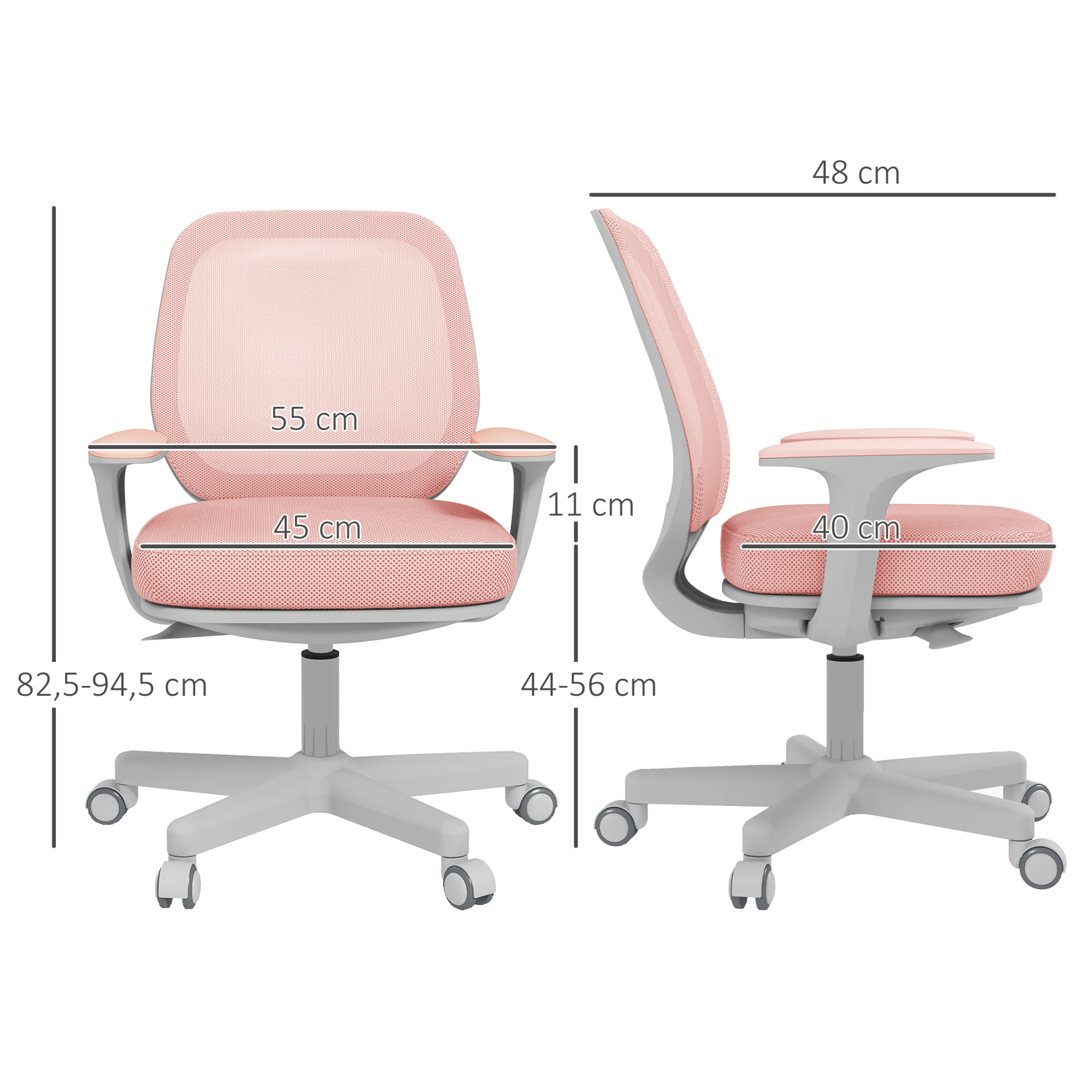 Skrivbordsstol i rosa med nätrygg, måttskiss med mått i centimeter, framifrån och från sidan
