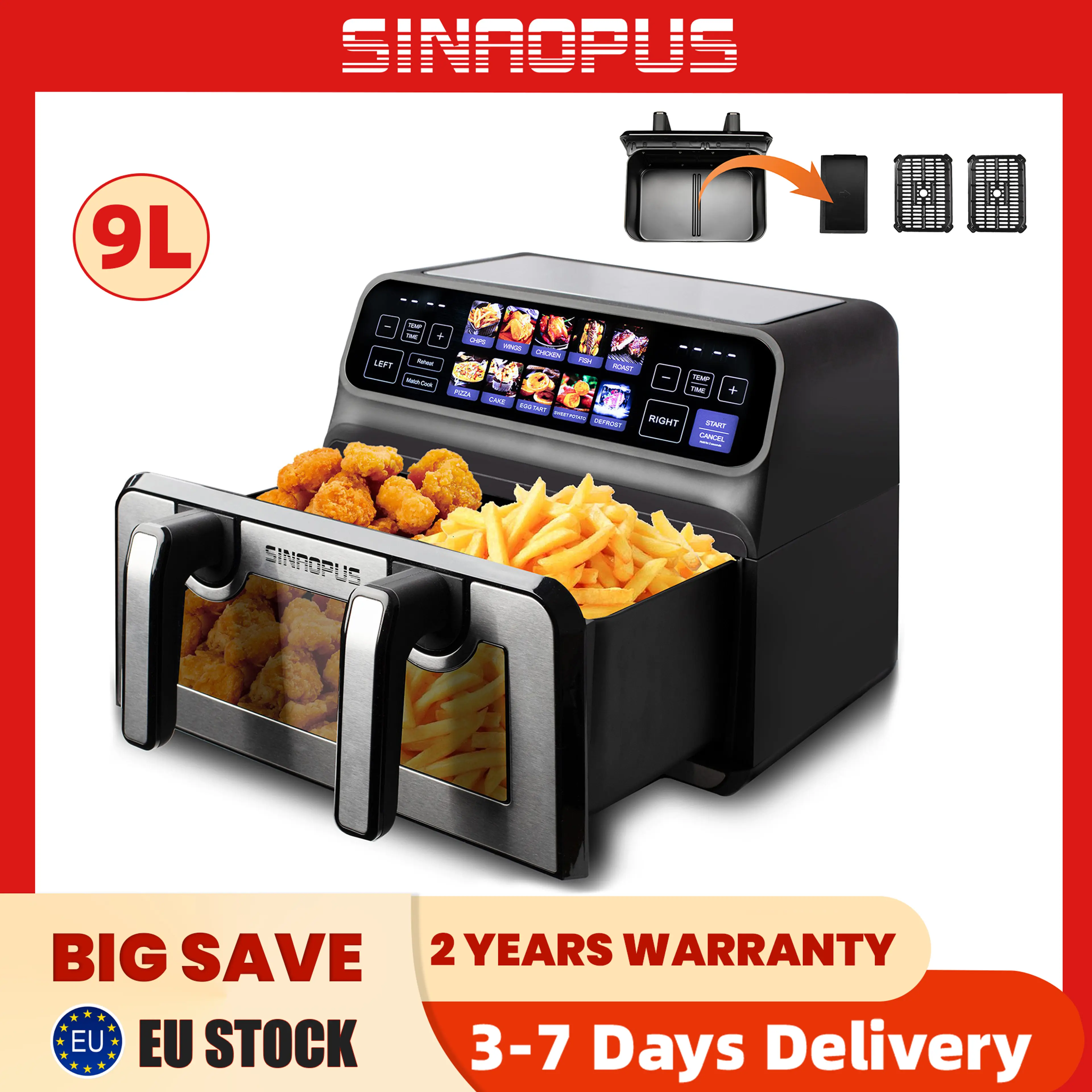 Airfryer med dubbla korgar – 9L varmluftsfritös, 2200W, LED