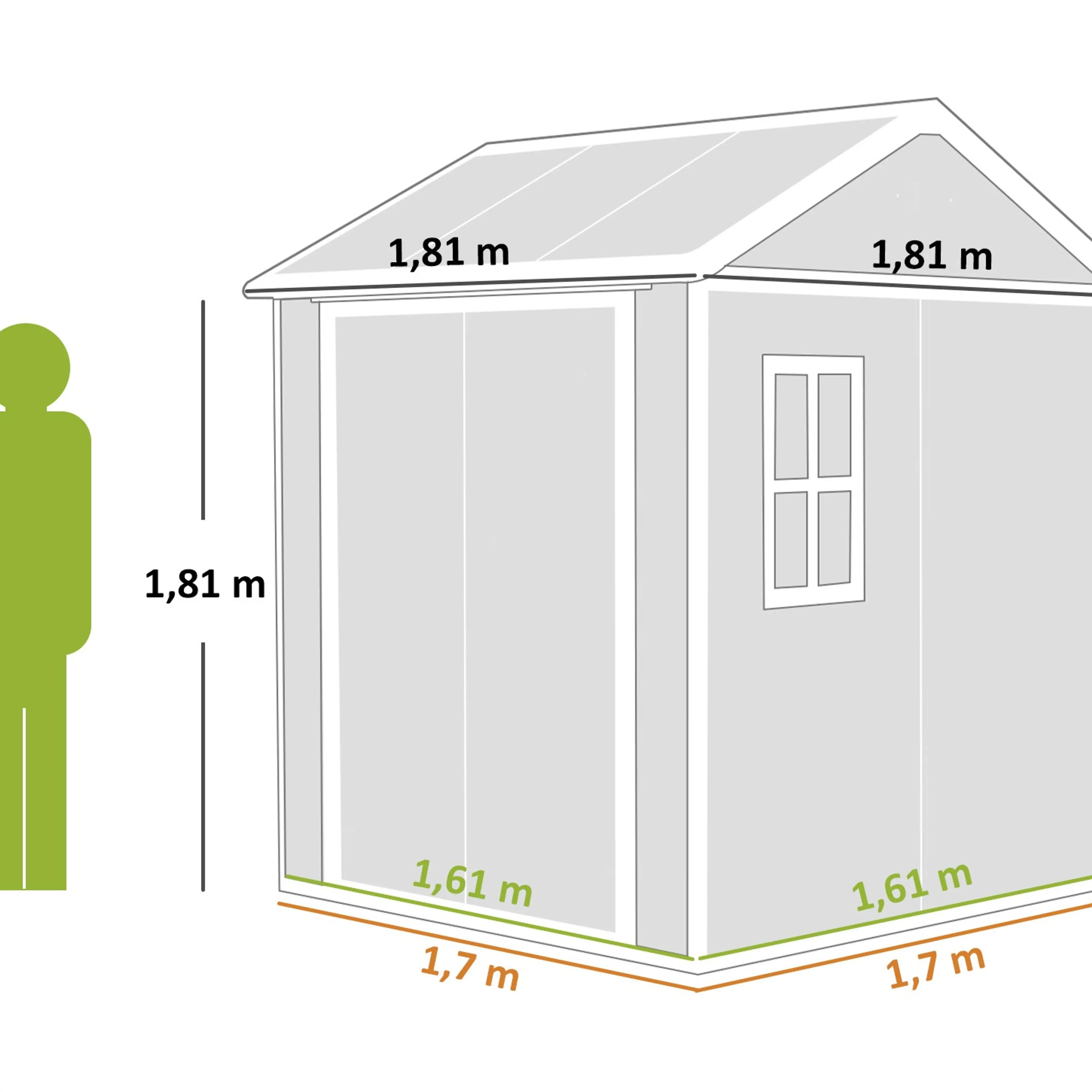 Måttritning: 1,81 × 1,81 m utvändigt, 1,61 × 1,61 m invändigt, 2,2 m nock