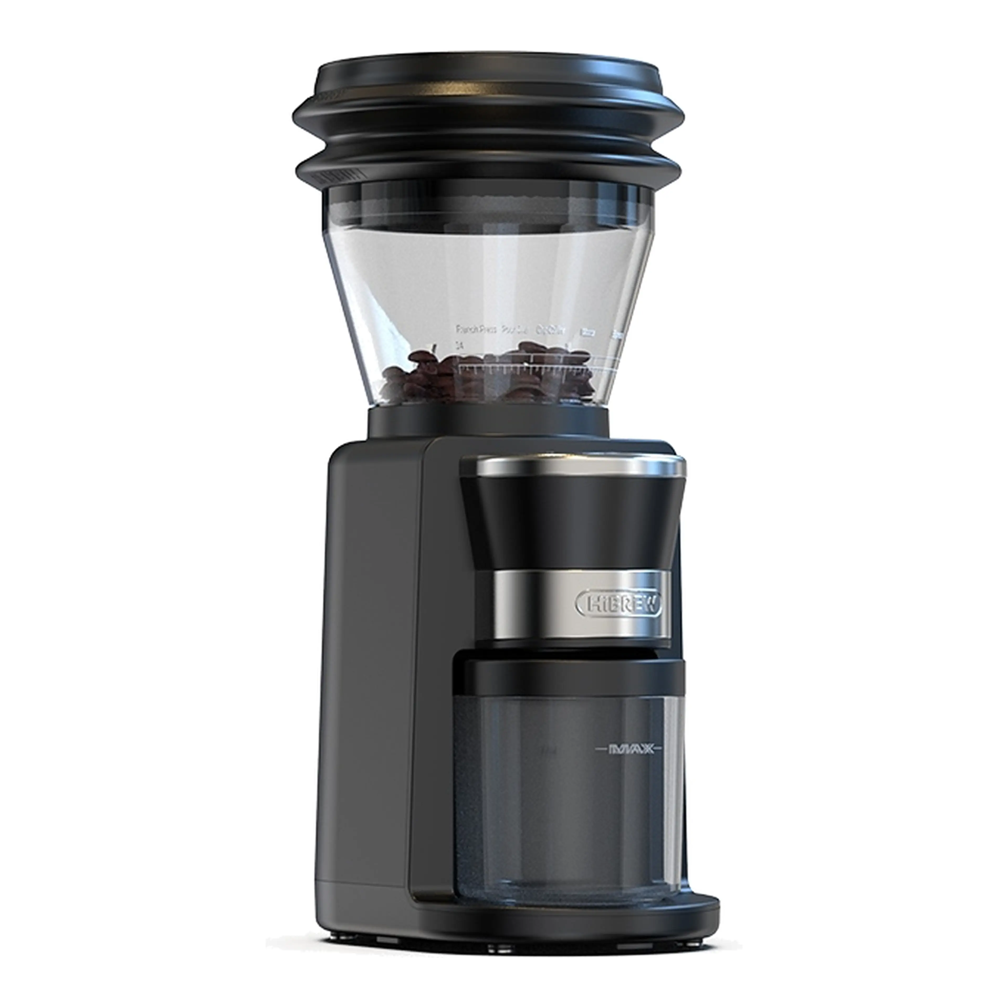 Kaffekvarnen HiBREW G3 framifrån med display, knappar och genomskinlig pulverbehållare