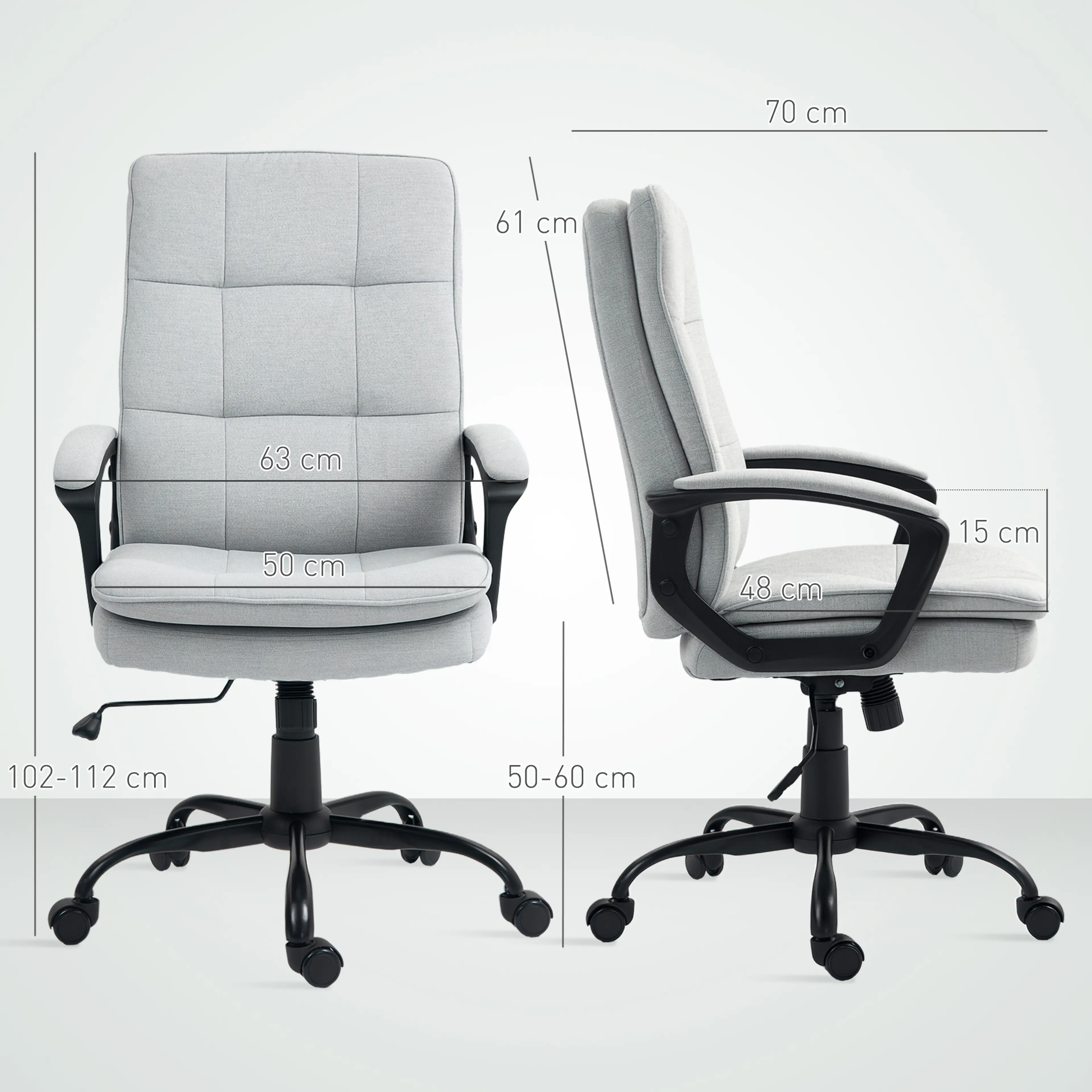 Måttritning med djup 70 cm, rygg 61 cm, sitthöjd 50–60 cm och sits 50 cm