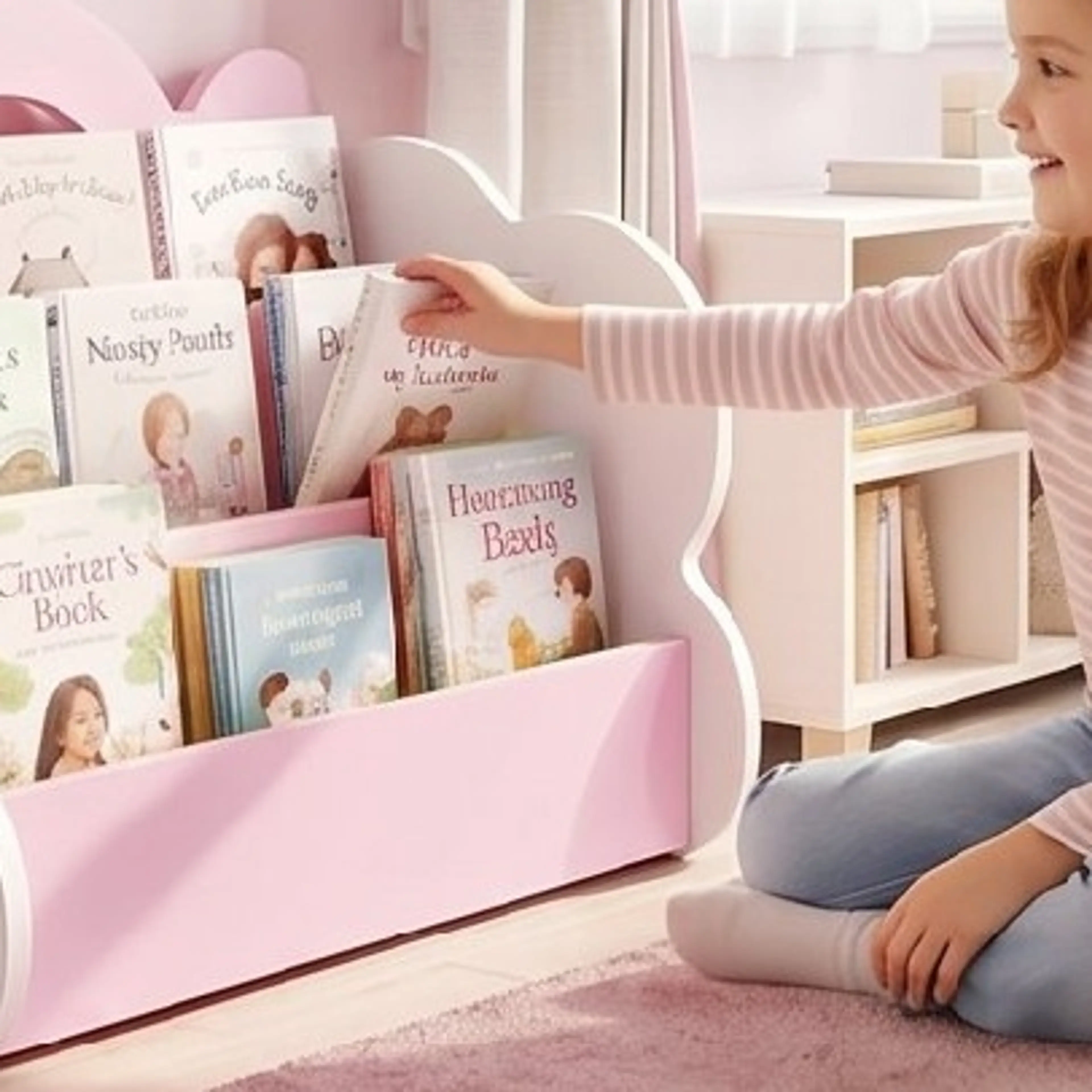 Flicka tar en bok ur den rosa bokhyllans snedställda lister där omslagen syns framifrån