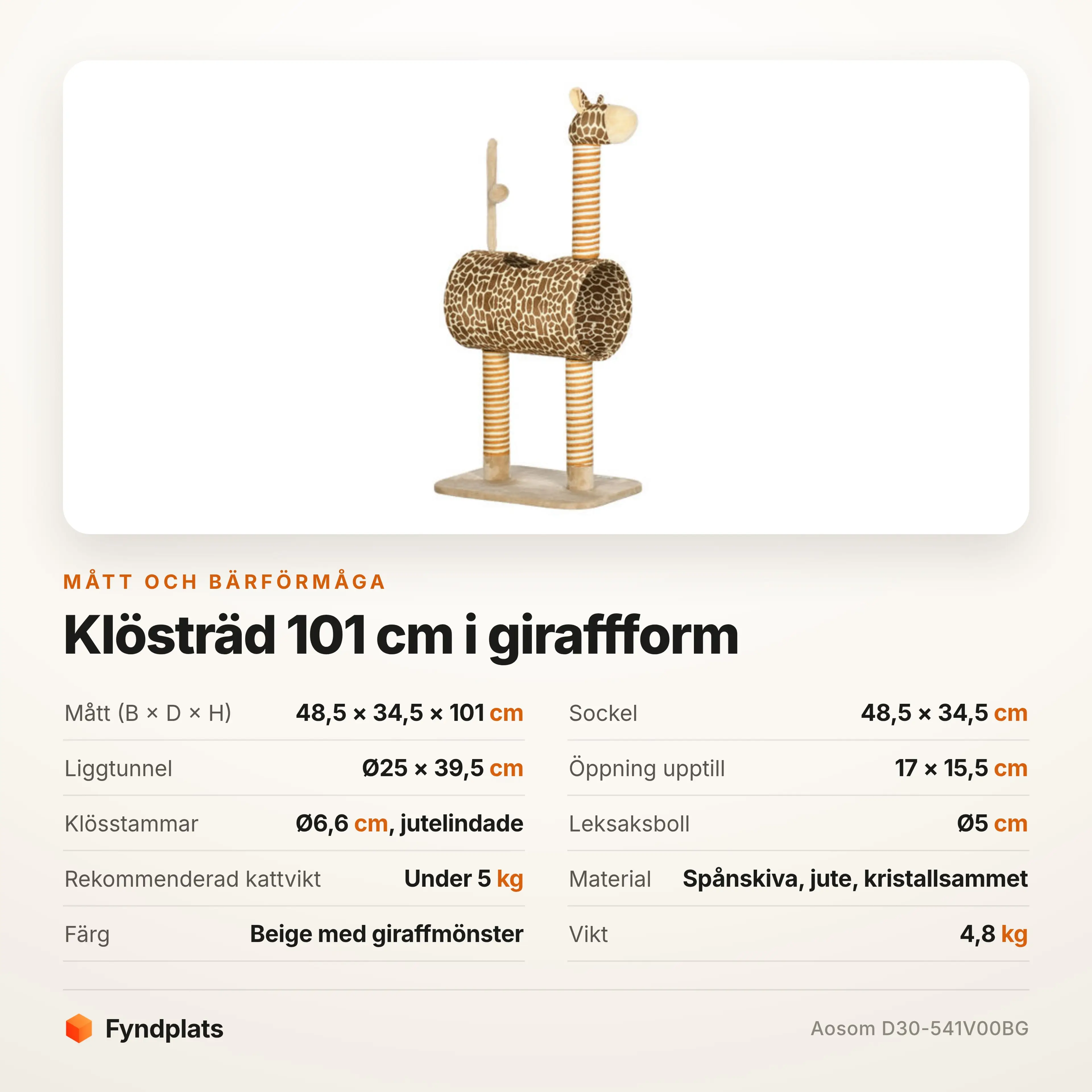 Specifikationskort med mått på tunnel, sockel och klösstammar