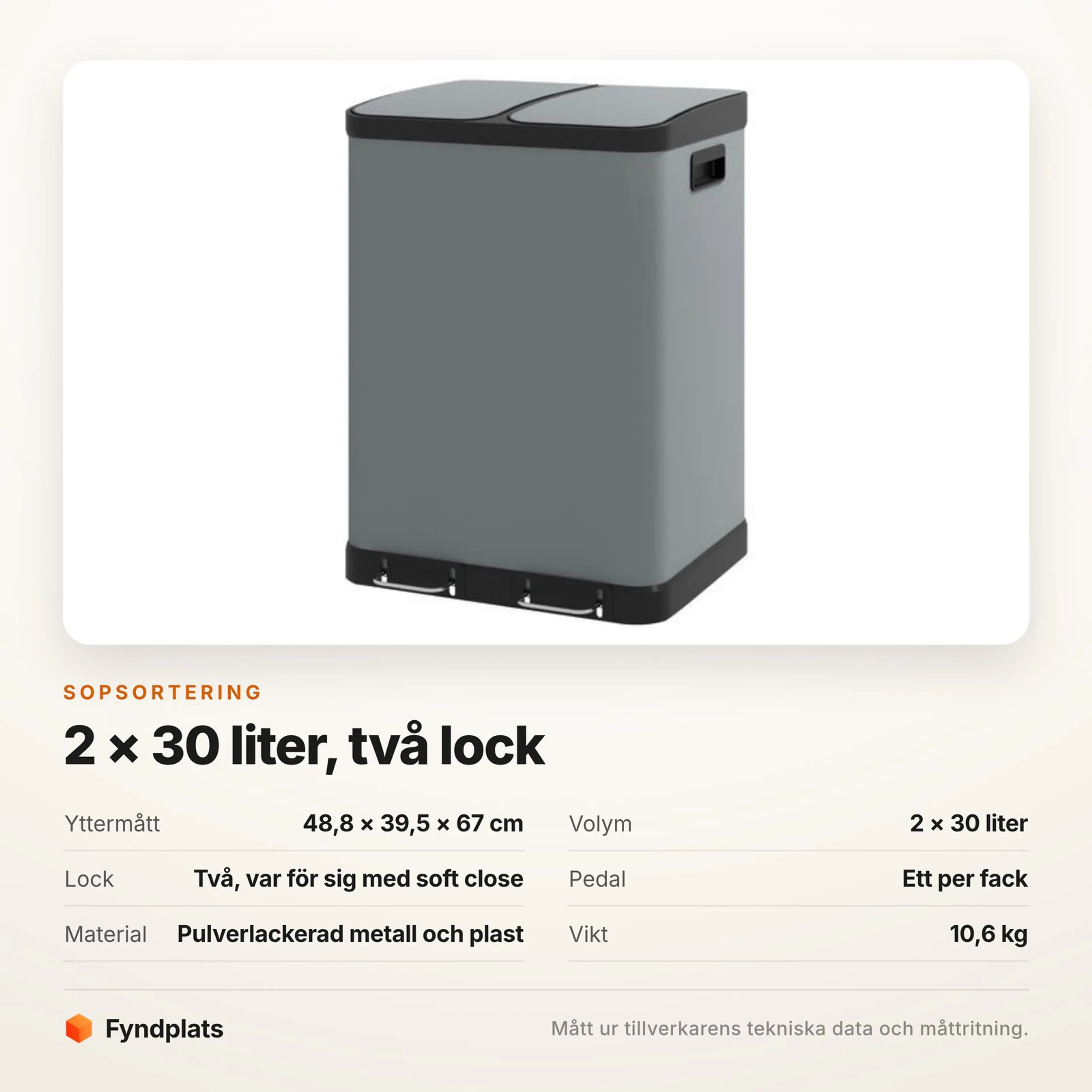 Specifikationskort för sopsorteringen med mått, volym och lockfunktion