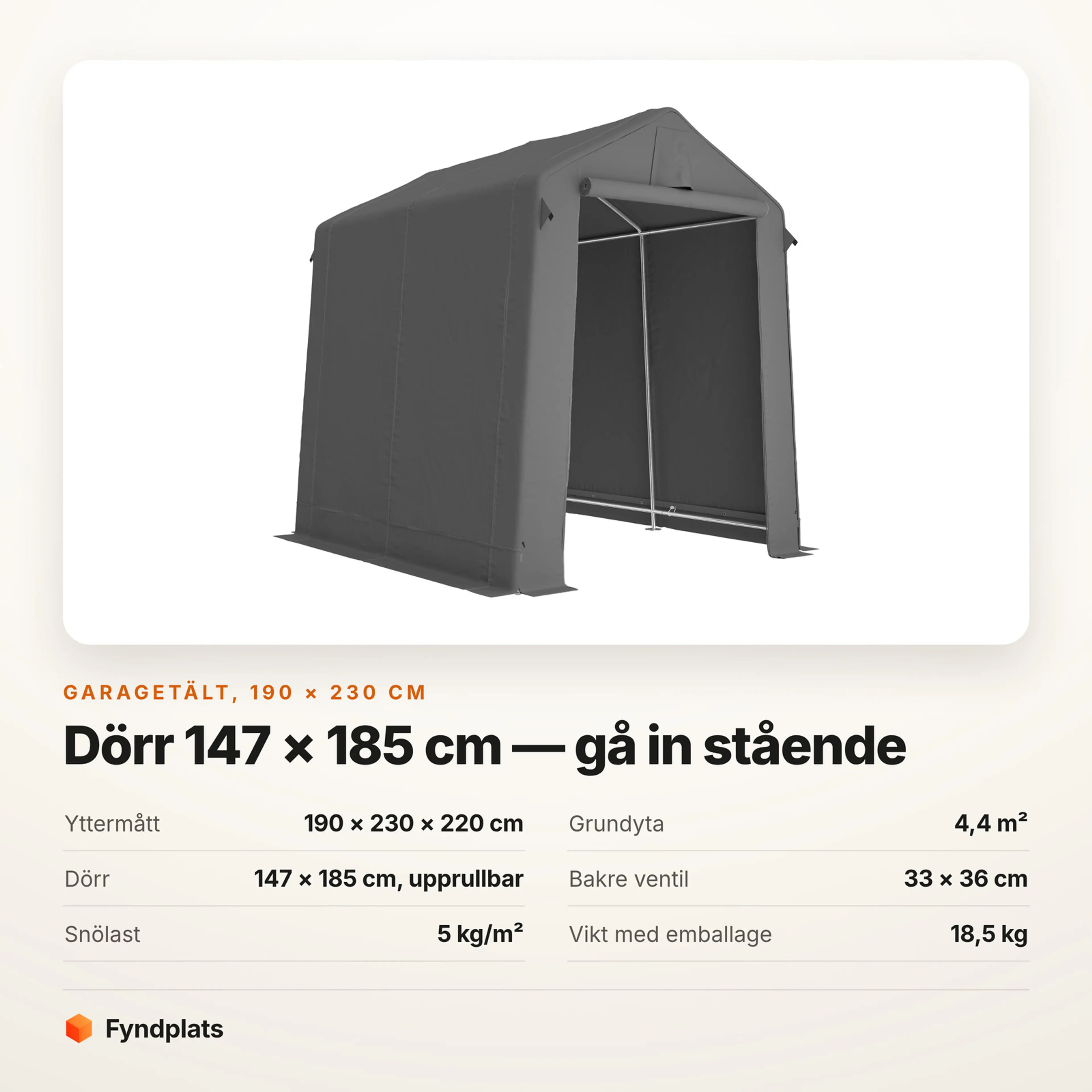 Faktakort för garagetält 190 × 230 cm med snölast 5 kg/m²