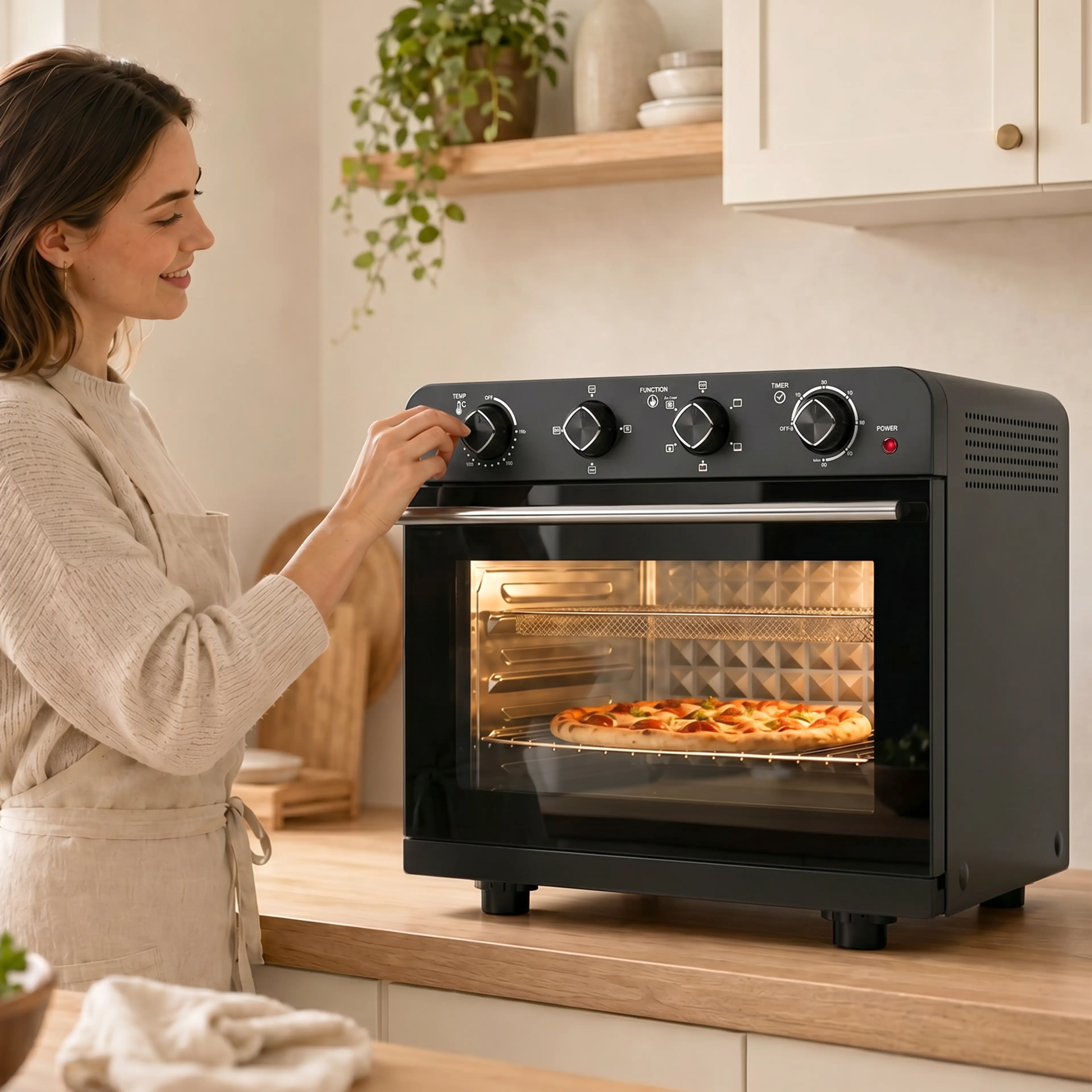 Ugnen på en köksbänk med en pizza bakom glasluckan