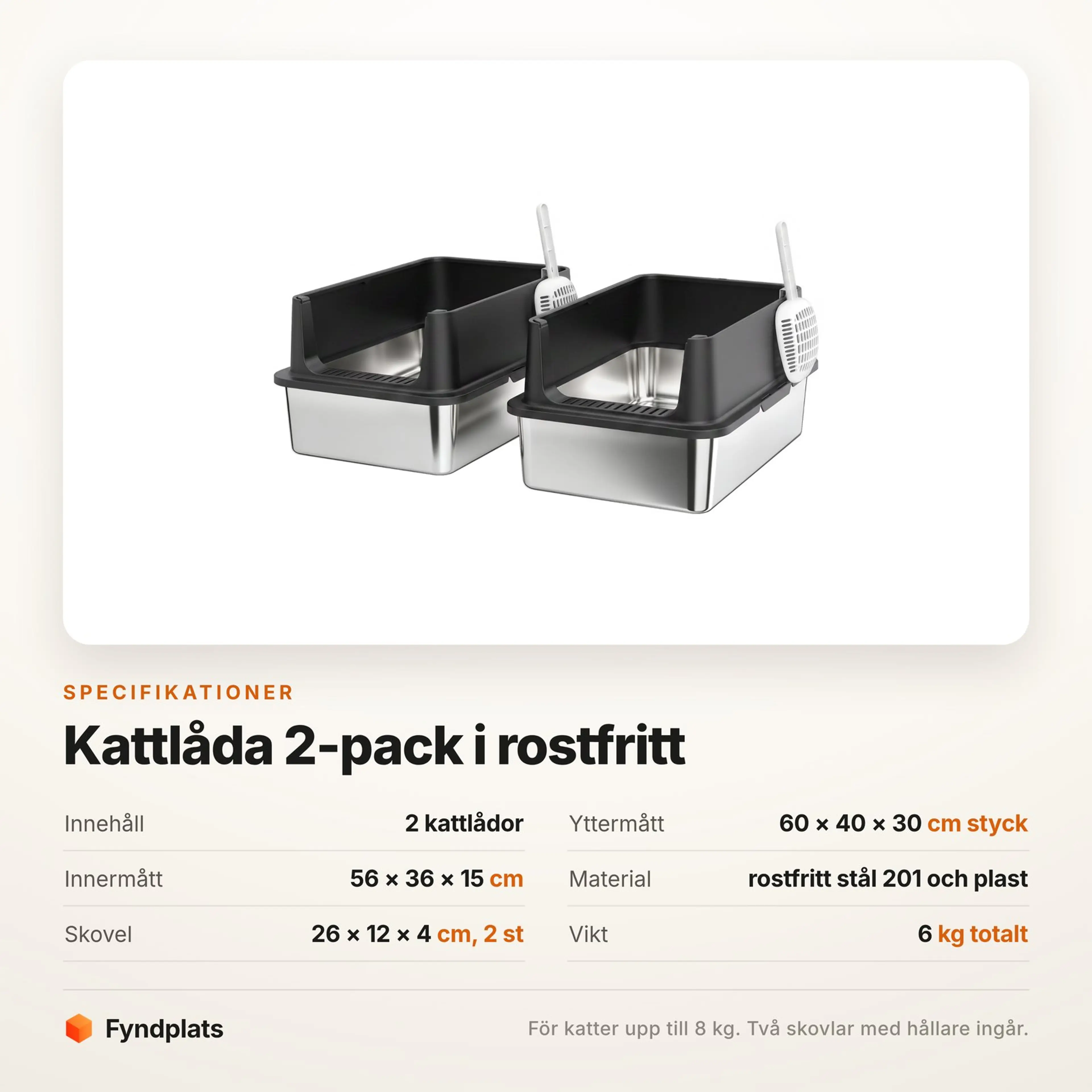 Specifikationskort för kattlåda 2-pack: 60 × 40 × 30 cm per låda, innermått 56 × 36 × 15 cm och 6 kg