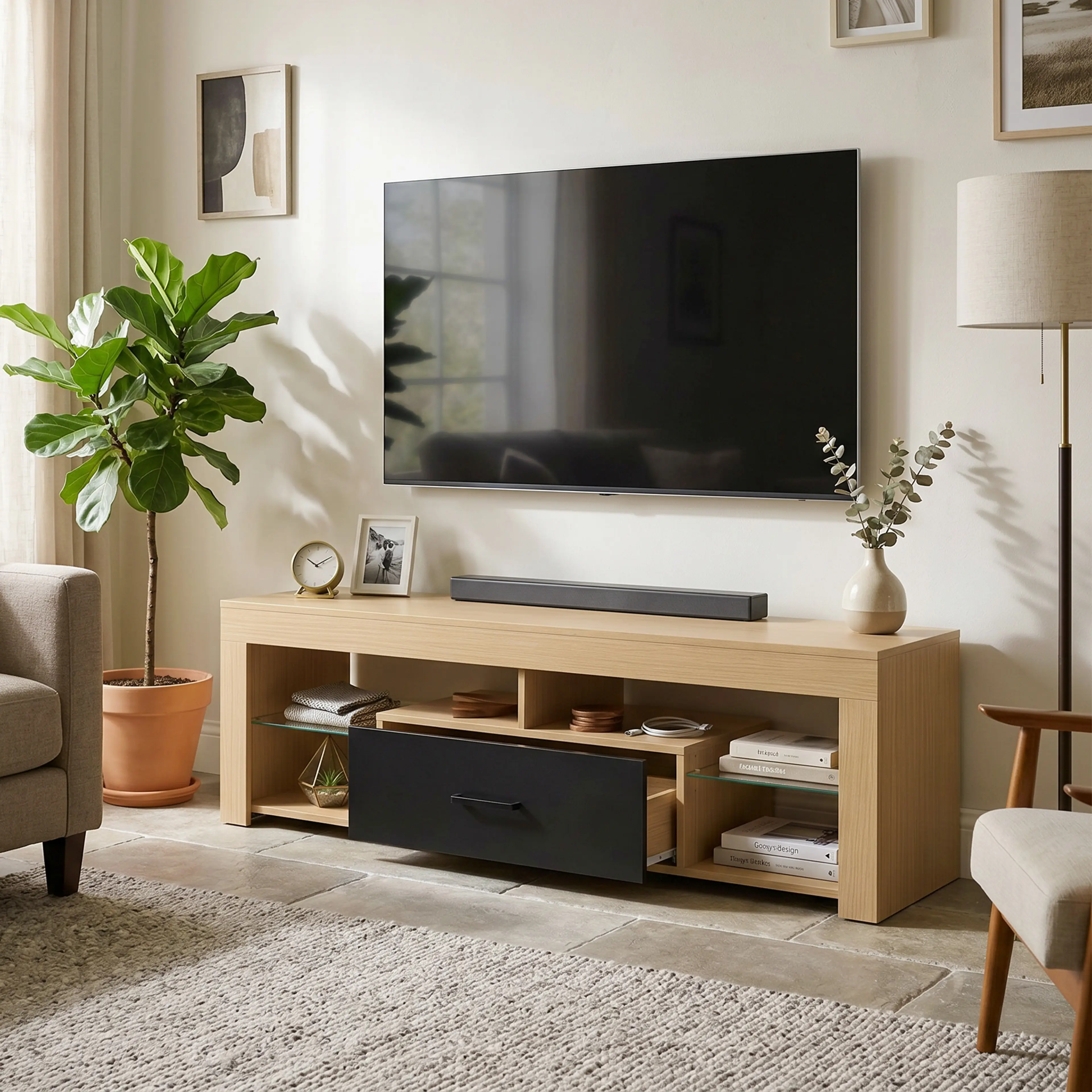 TV-bänk i ek med glashylla, 140 cm – bild 2