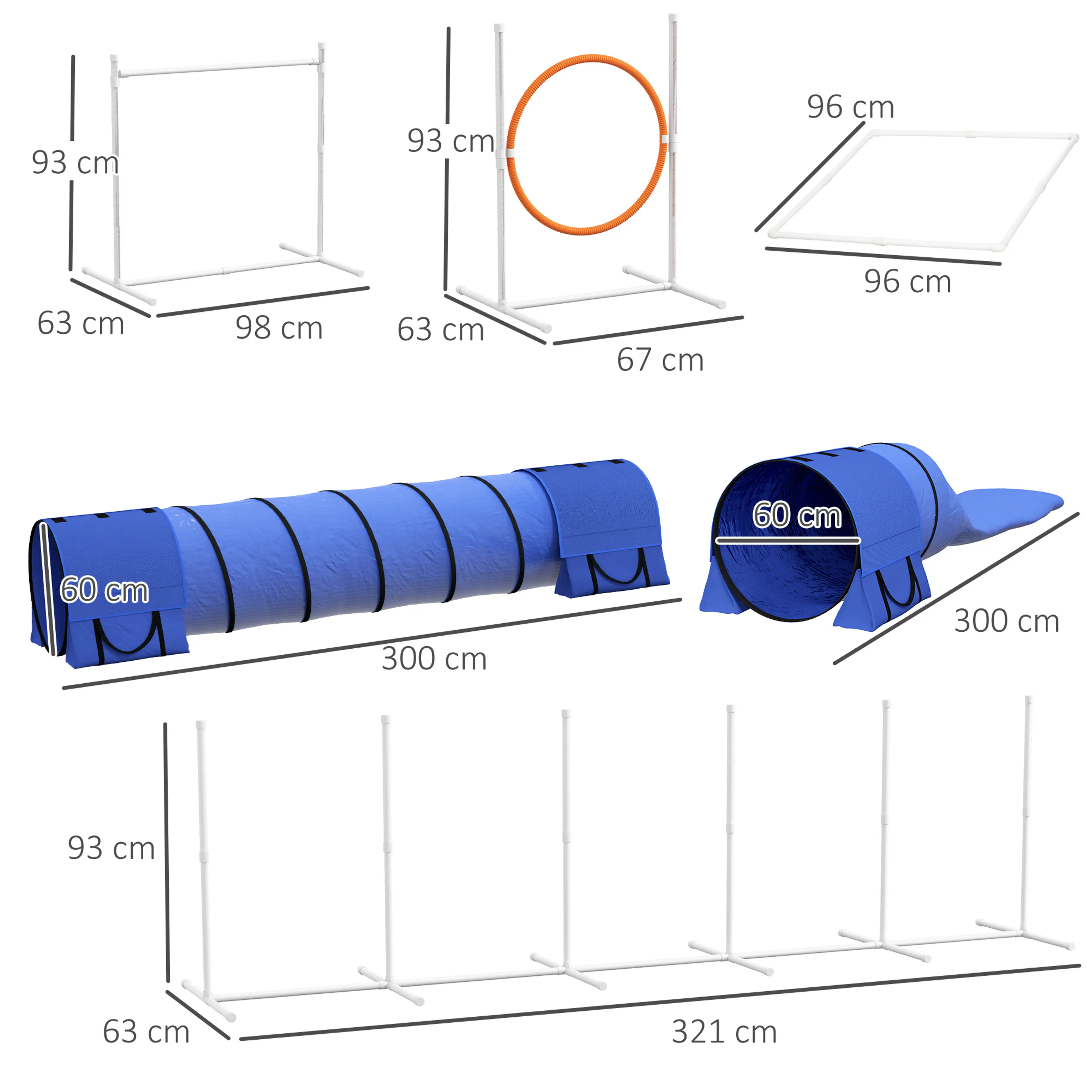 Måttbild: tunnlarna är 300 cm långa med 60 cm öppning, hindren 98 × 63 × 93 cm och slalomet 321 cm långt
