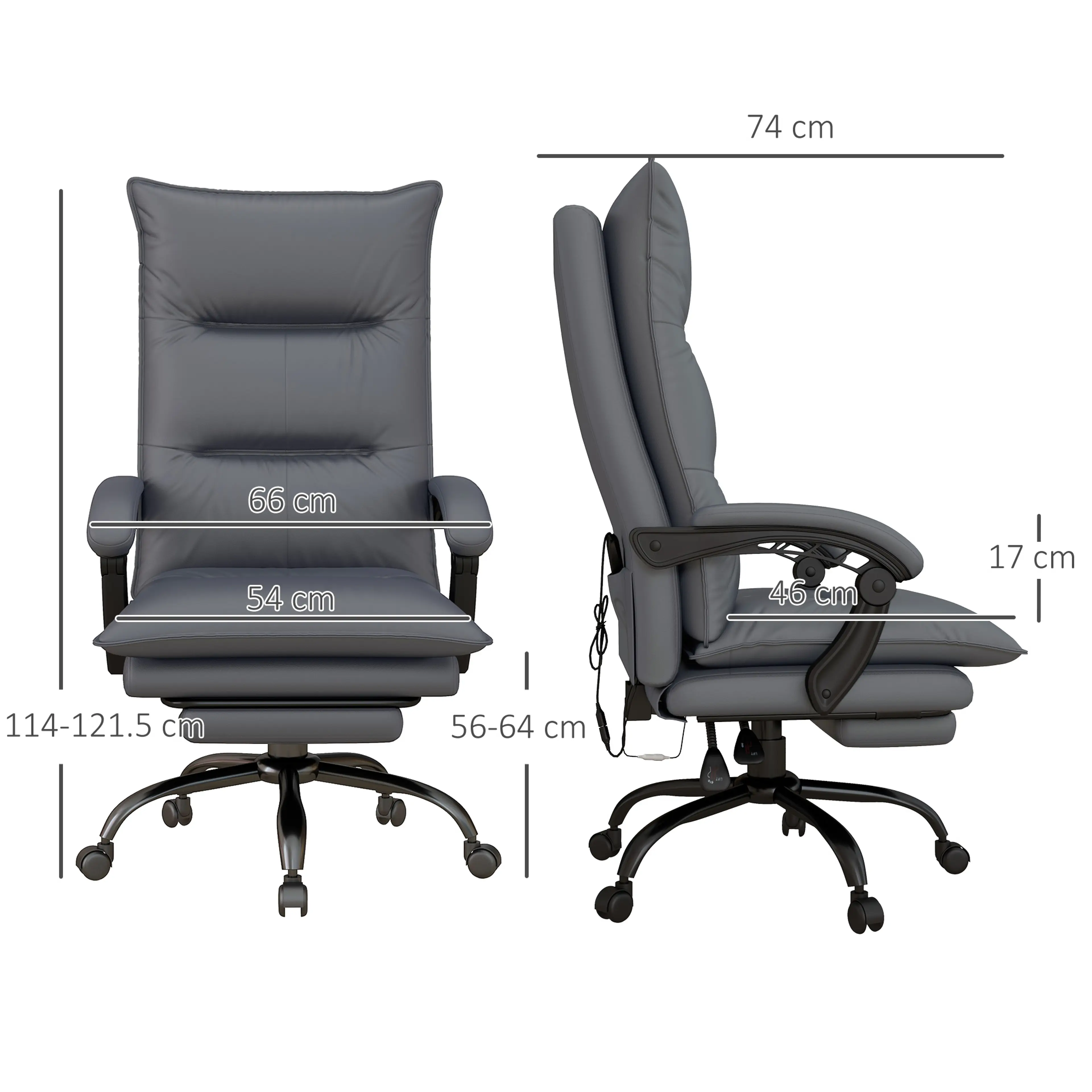 Måttritning med djup 74 cm, bredd 66 cm, höjd 114–121,5 cm och sitthöjd 56–64 cm