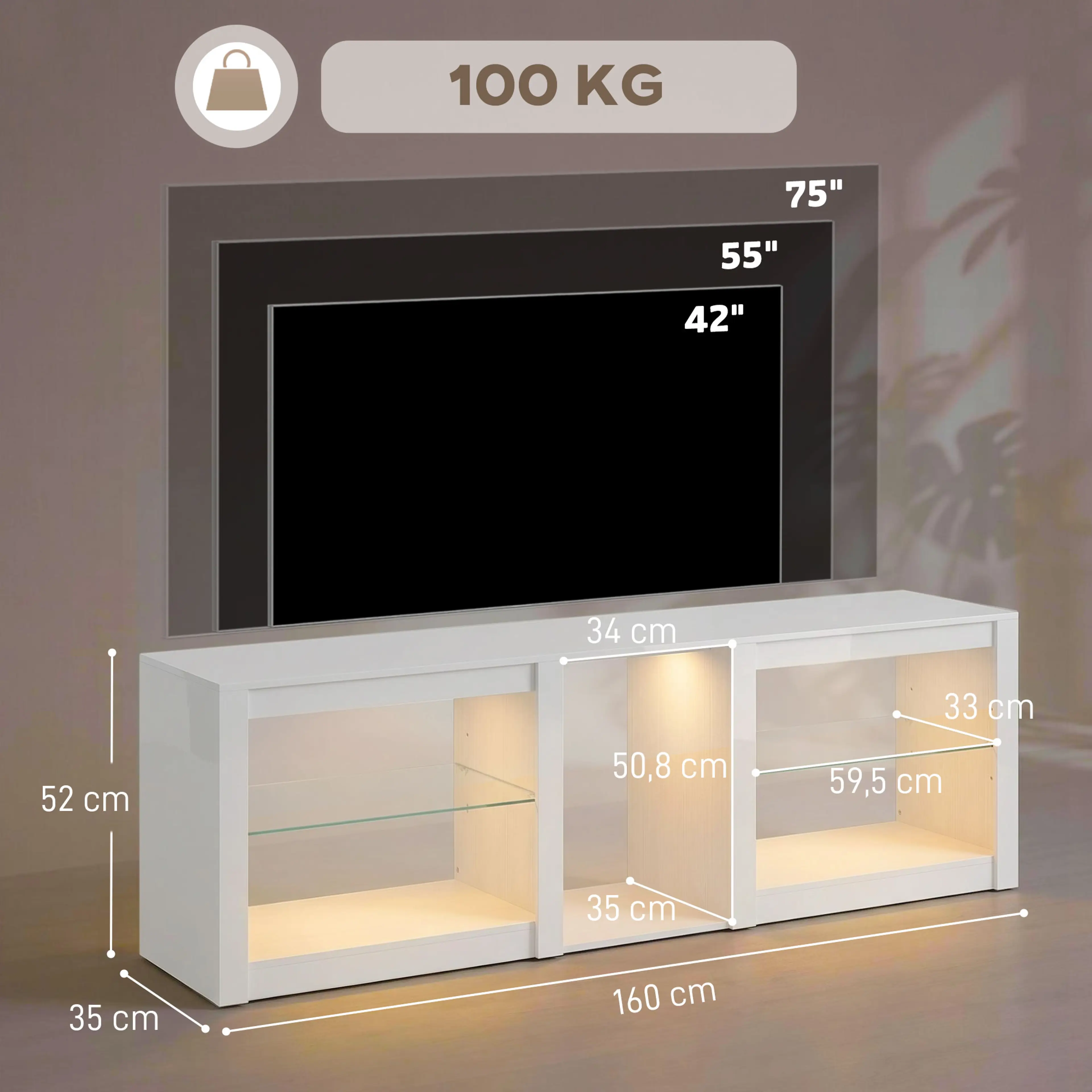 TV-bänk 160 cm med RGB-LED och glashylla – bild 4