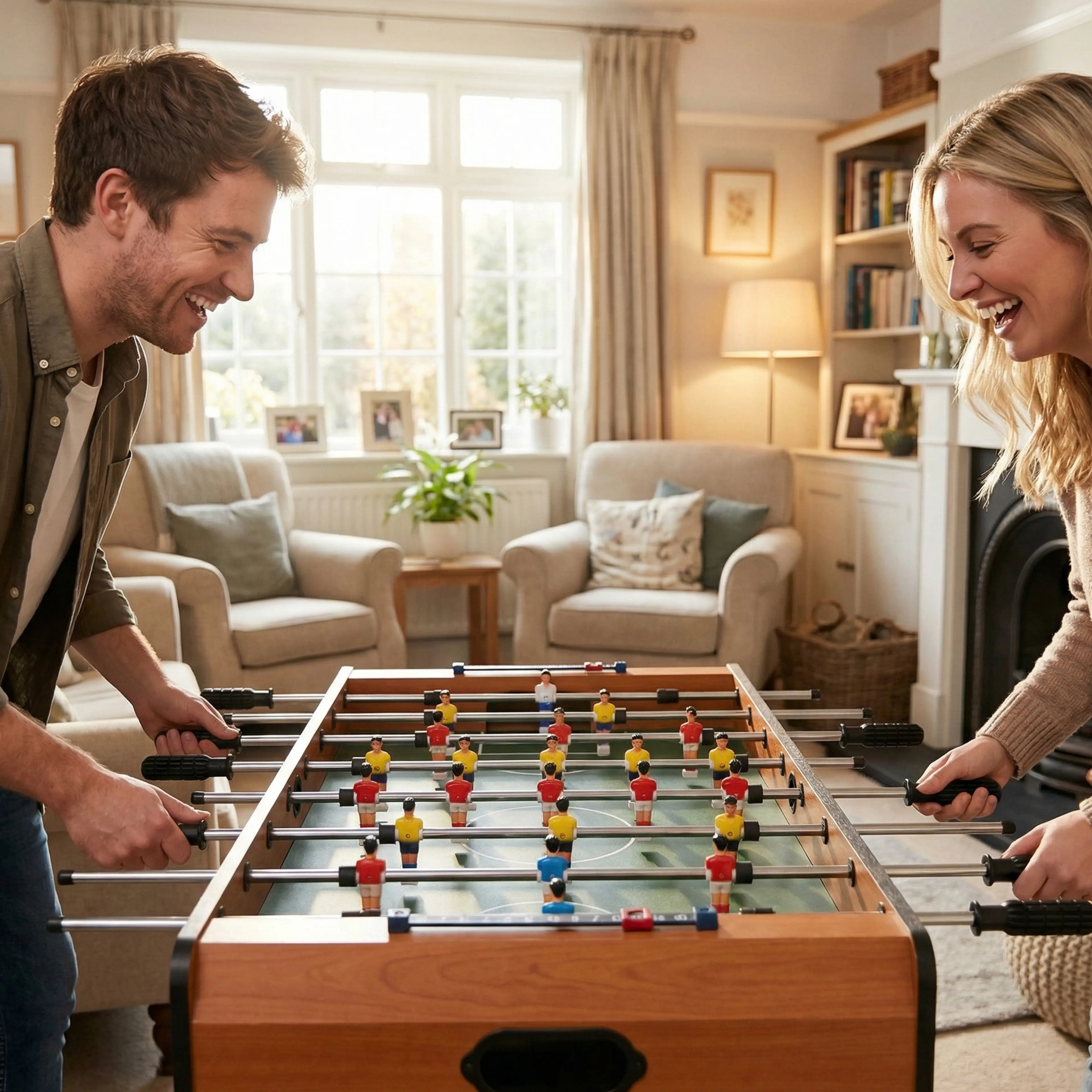 Närbild på spelplanen med röda och gula spelare