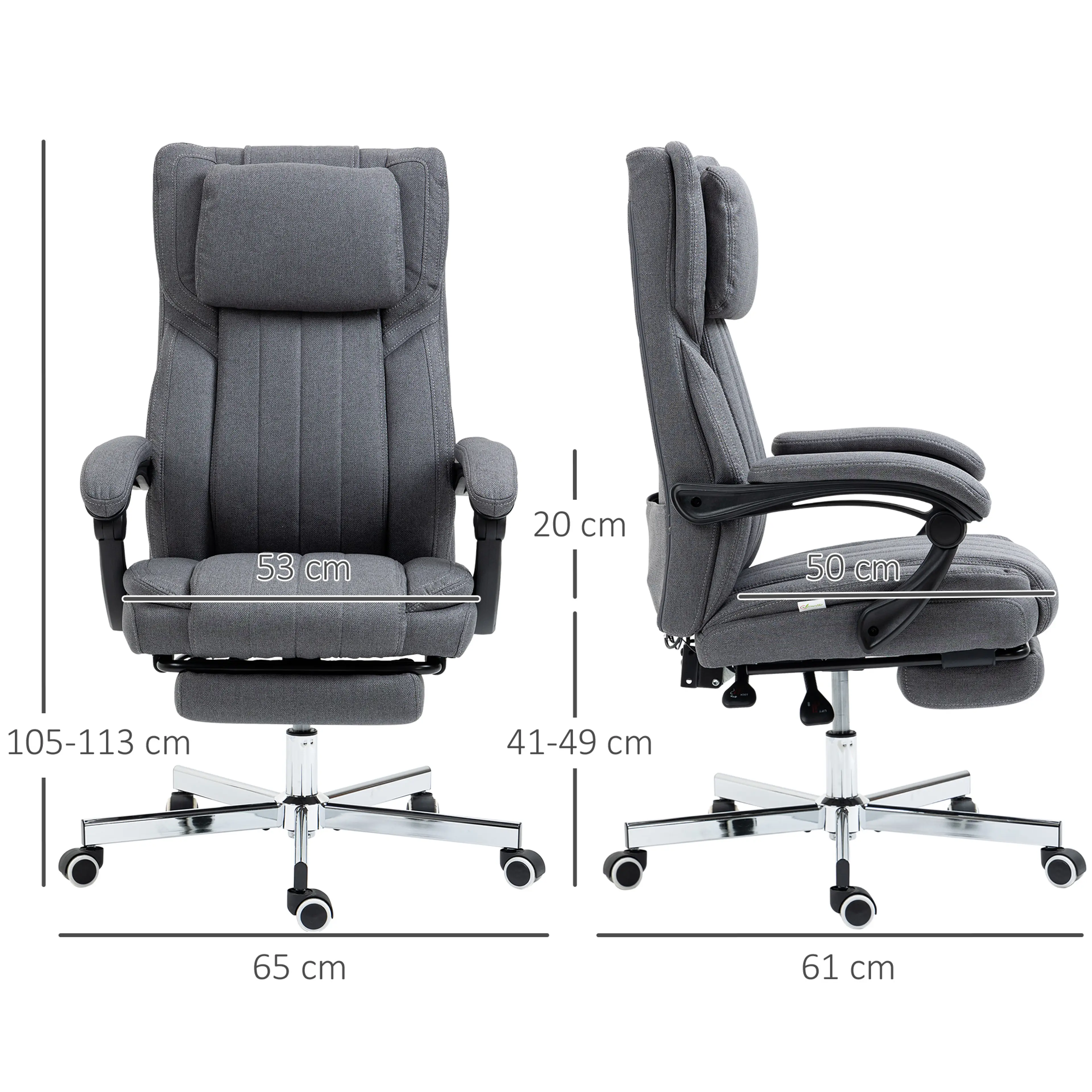 Måttritning med höjd 105–113 cm, sitthöjd 41–49 cm, bredd 65 cm och djup 61 cm