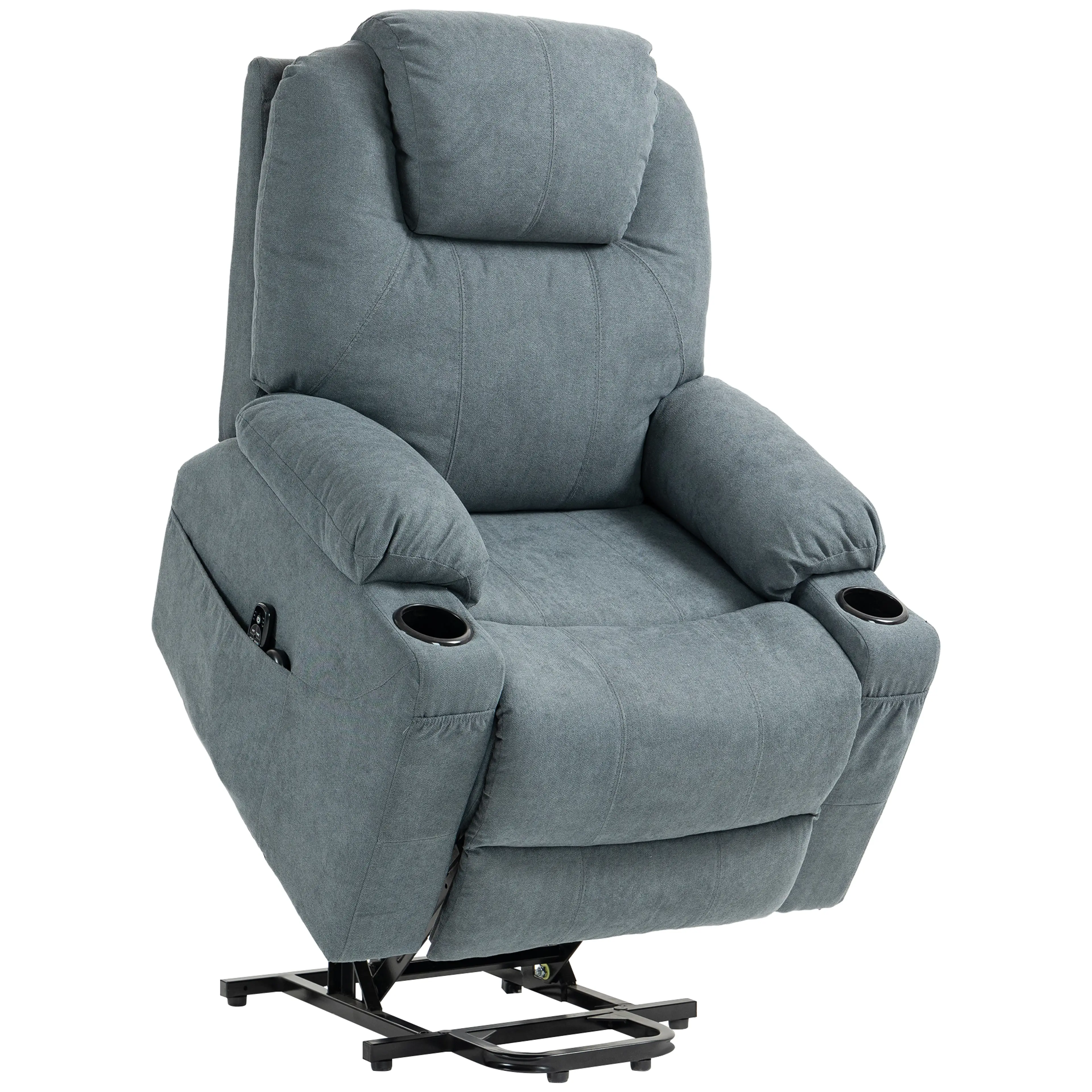 Reclinerfåtölj i blågrått tyg med uppresningsfunktion och mugghållare