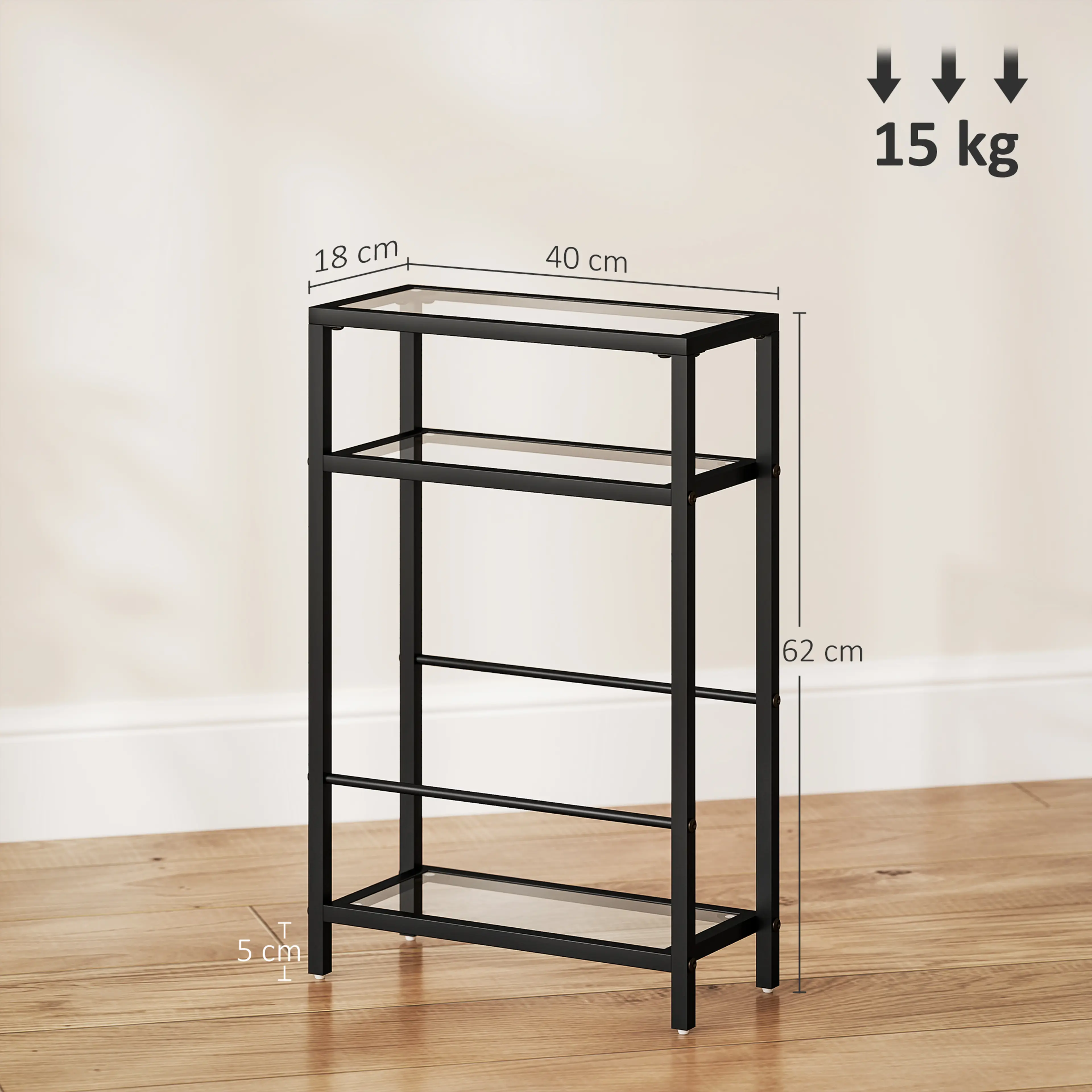 Måttbild: bordet är 40 × 18 cm och 62 cm högt, bär 15 kg och den nedre hyllan ligger 5 cm över golvet