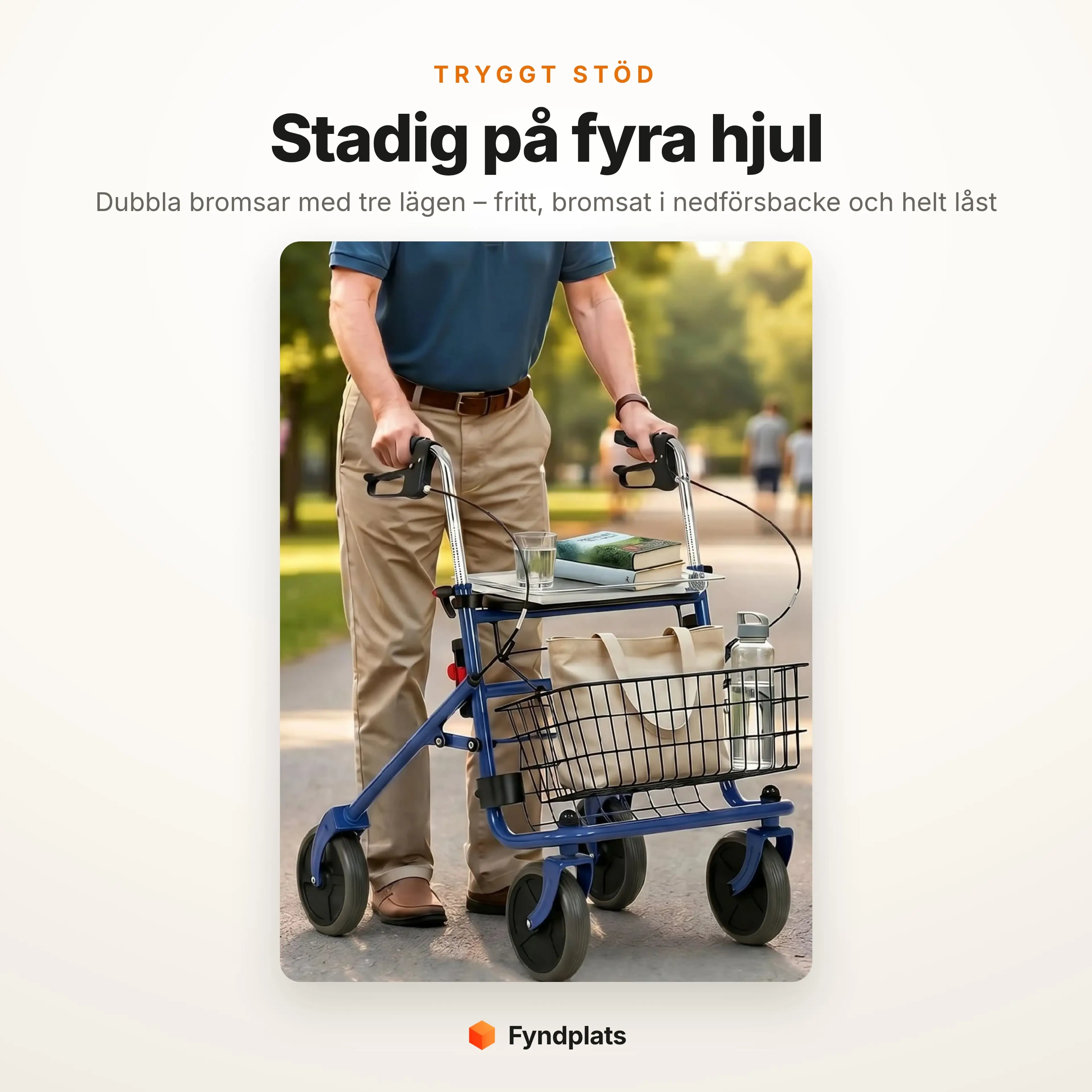 Man går med en blå rollator med sits på en parkväg