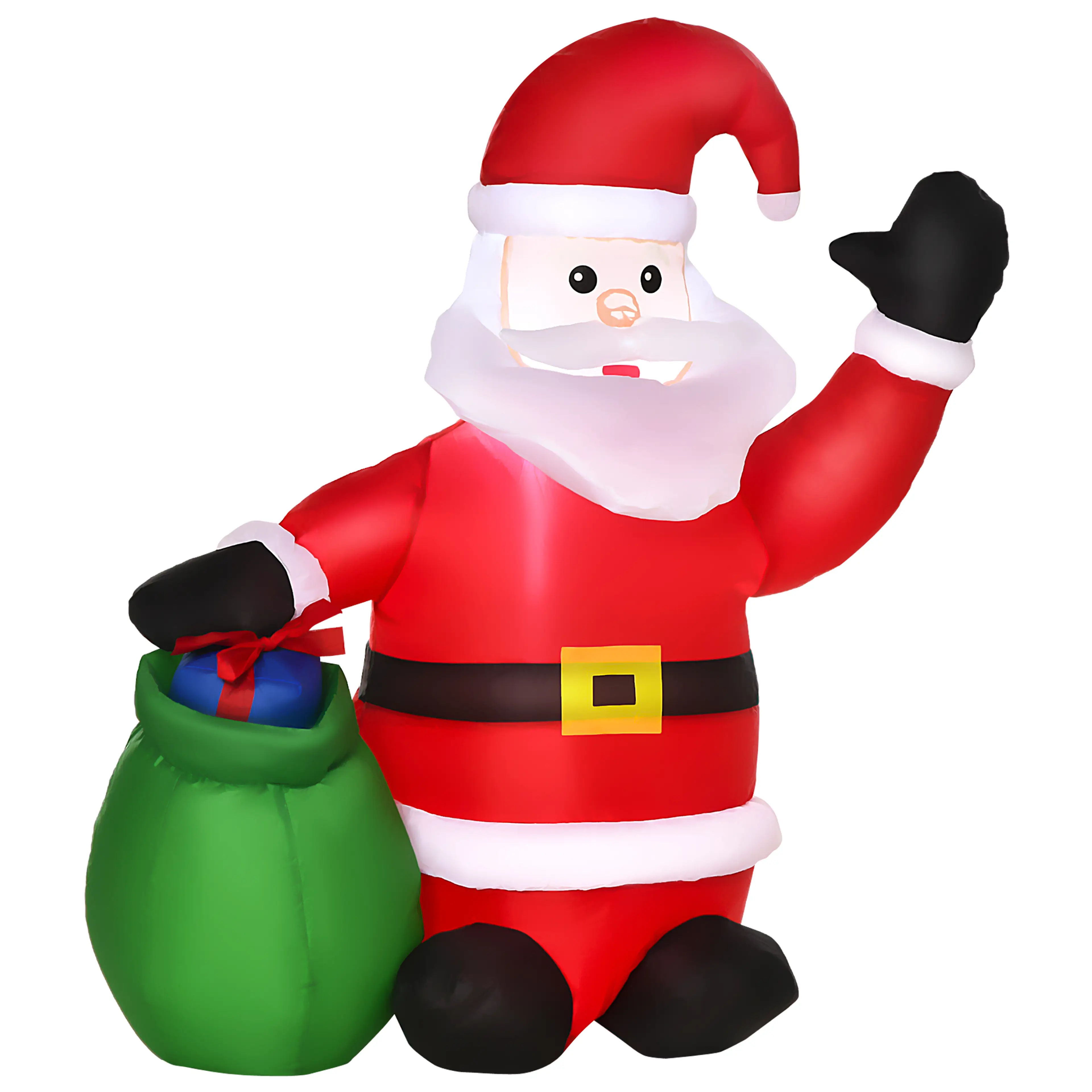 Uppblåsbar tomte som vinkar, med en grön säck full av paket, på vit bakgrund