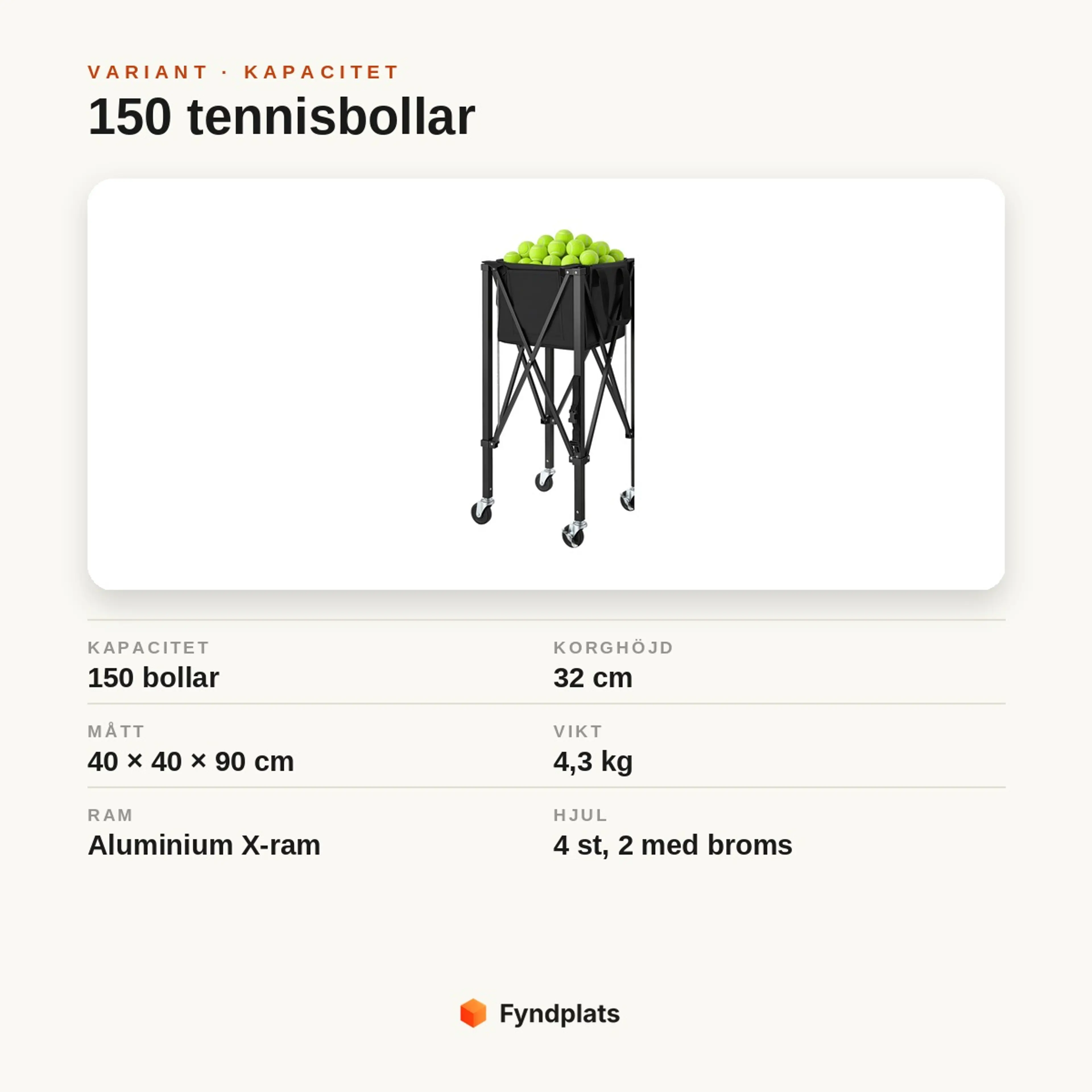 Tennisbollsvagn variant 150 tennisbollar, korghöjd 32 cm