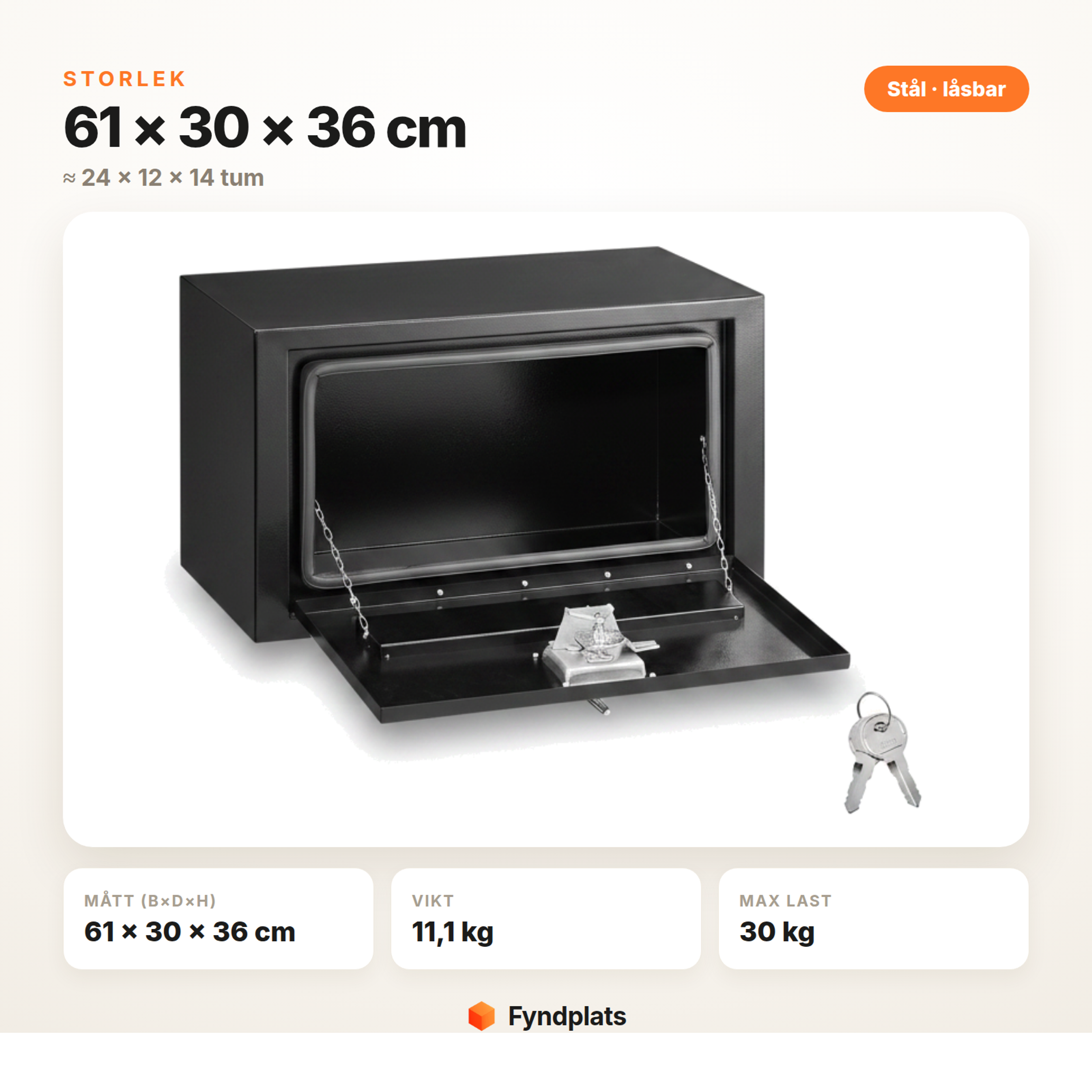 Verktygslåda för lastbil, storlek 61 × 30 × 36 cm – mått, vikt och max last