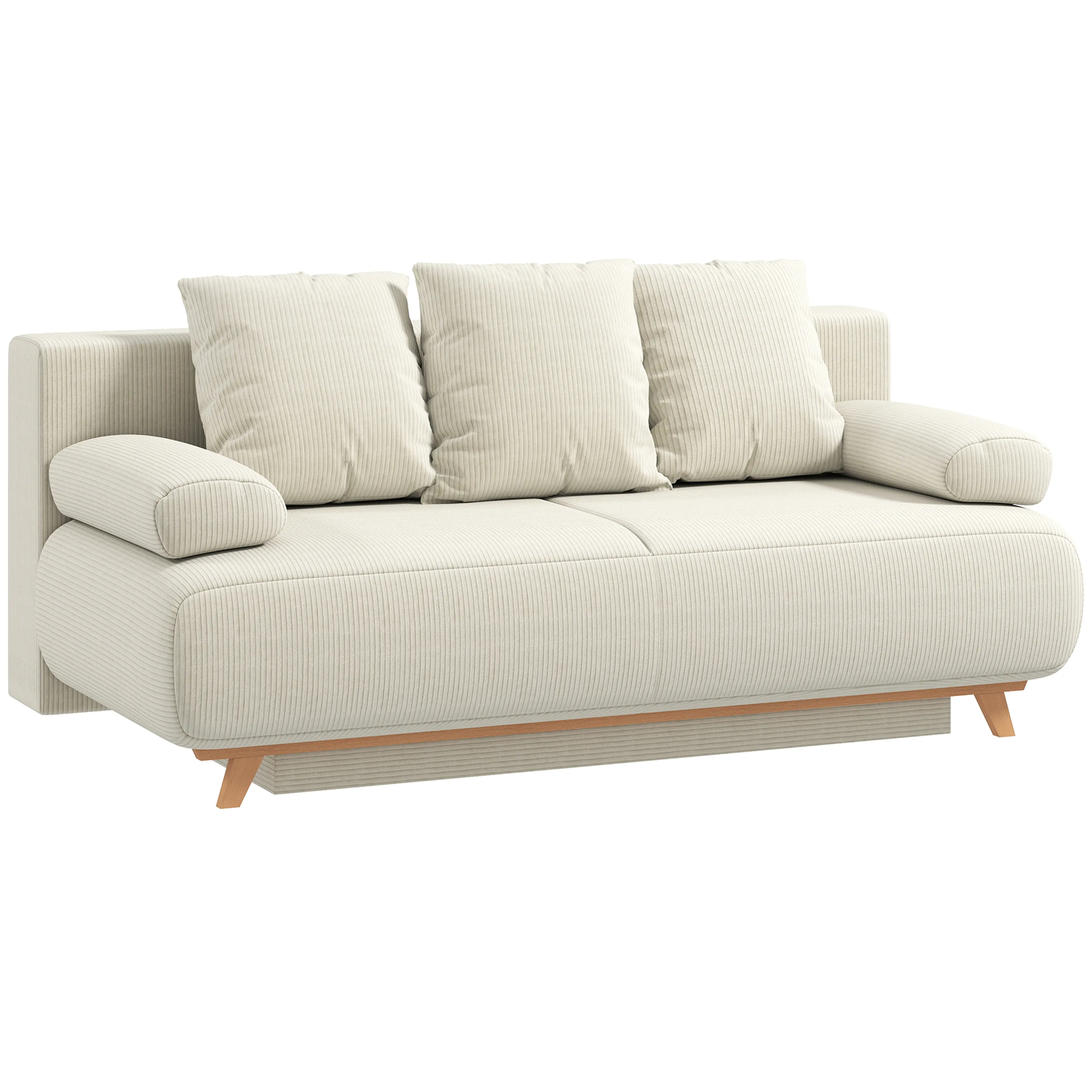 Bäddsoffa i beige manchesterlook med tre ryggkuddar och ben i trä