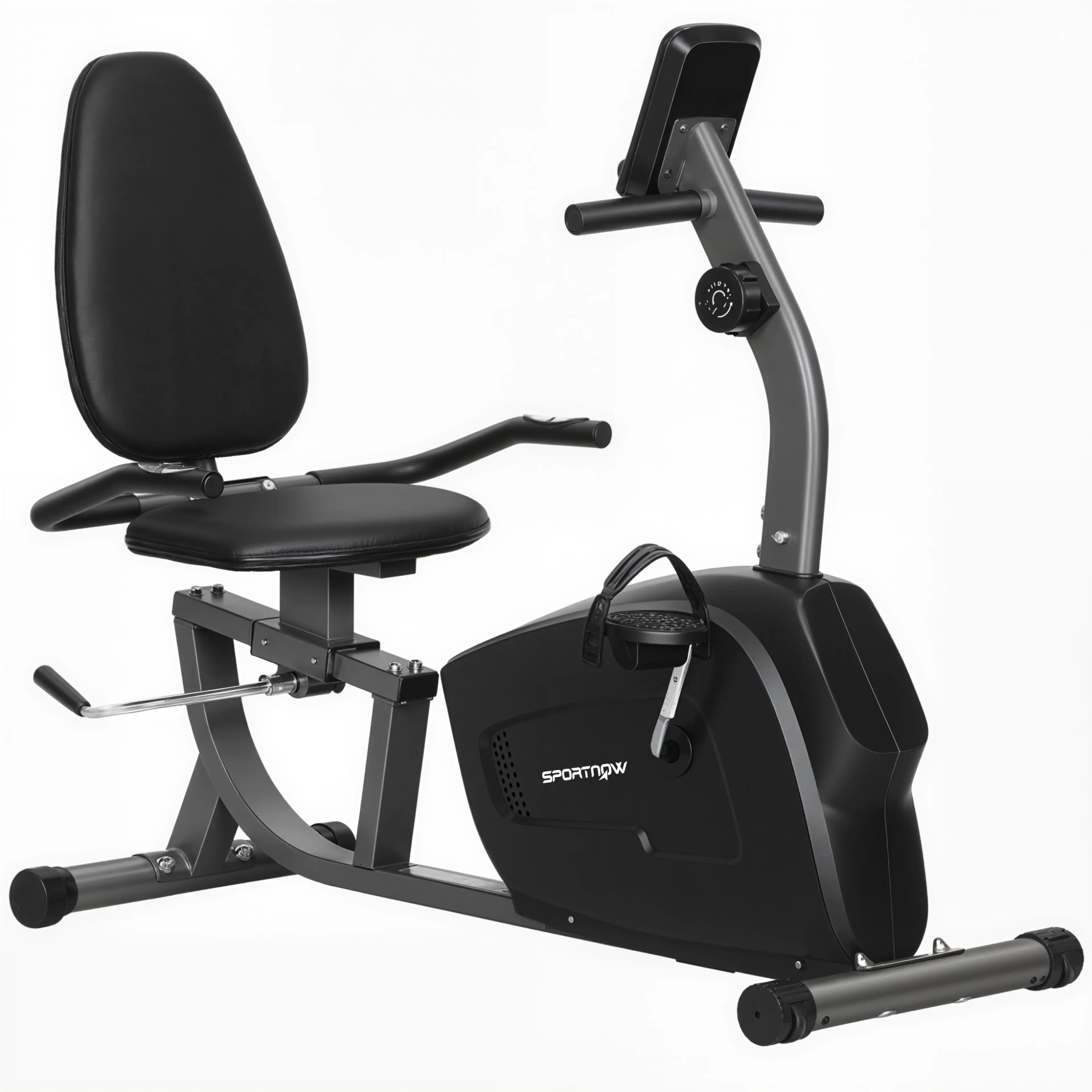 Svart liggande motionscykel med ryggstöd, sits, sidohandtag och LCD-display, på vit bakgrund