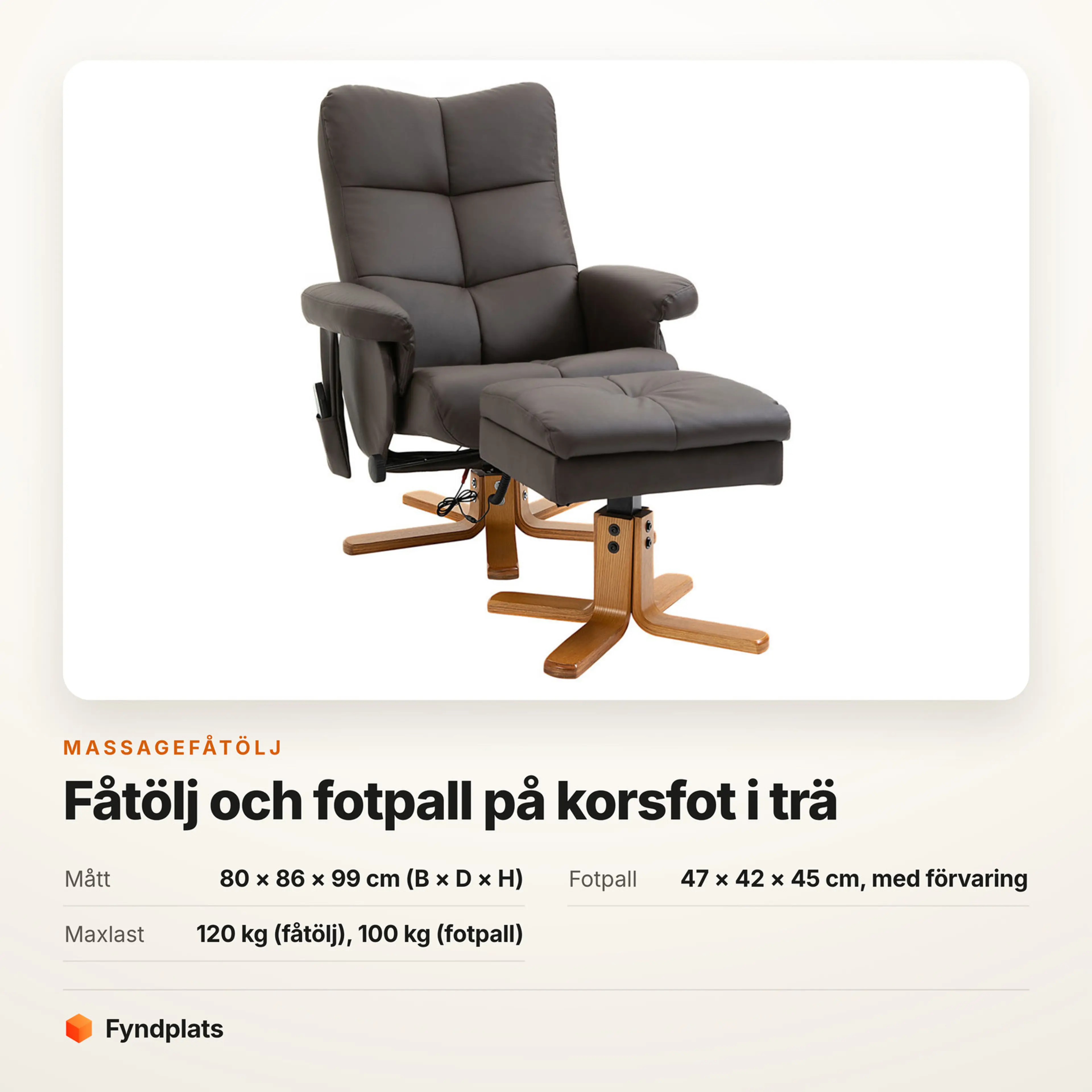Fyndplats produktkort: brun massagefåtölj på korsfot i trä, med mått, fotpall och maxlast