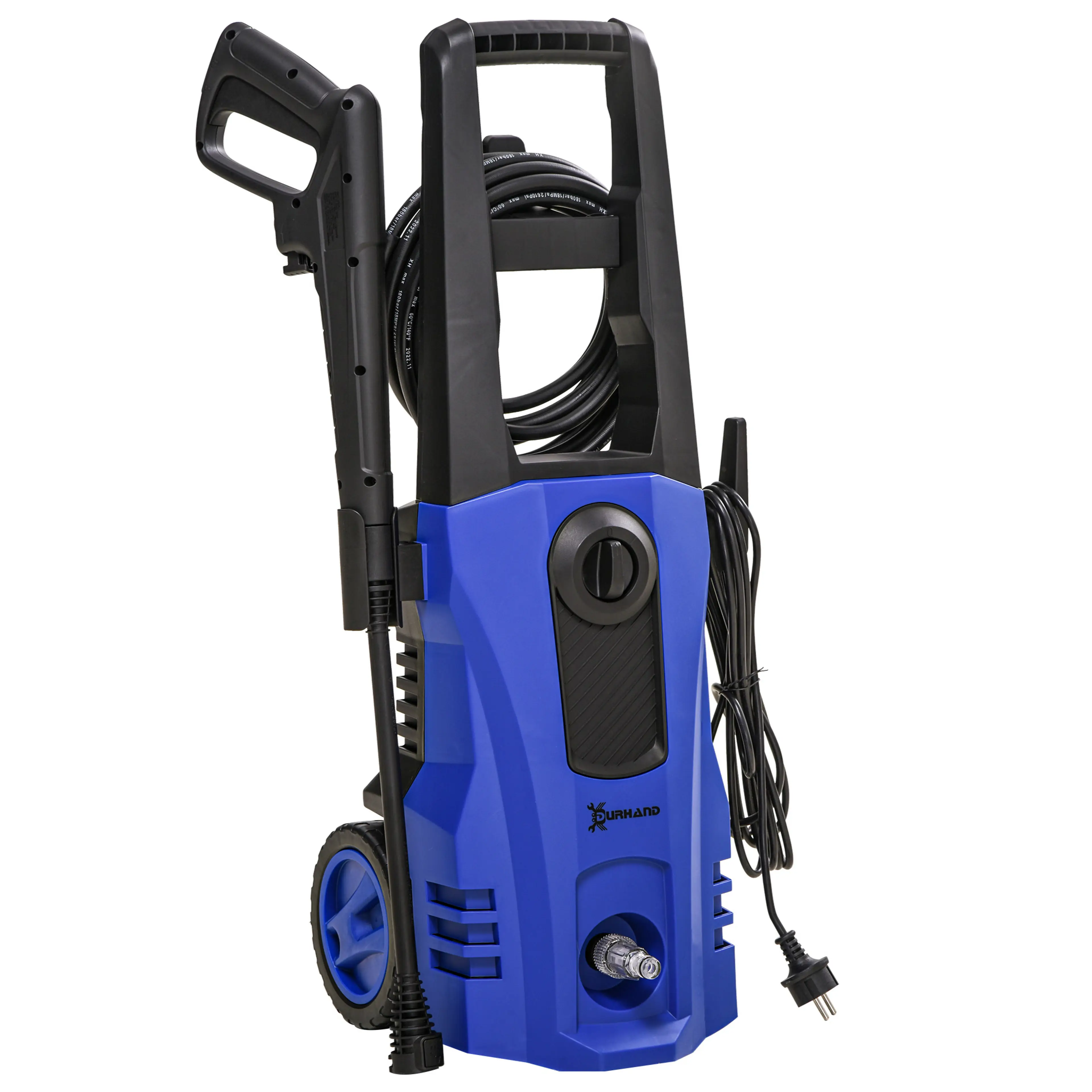 Blå och svart högtryckstvätt med slangen på rulle och sprutpistolen i hållaren, på vit bakgrund