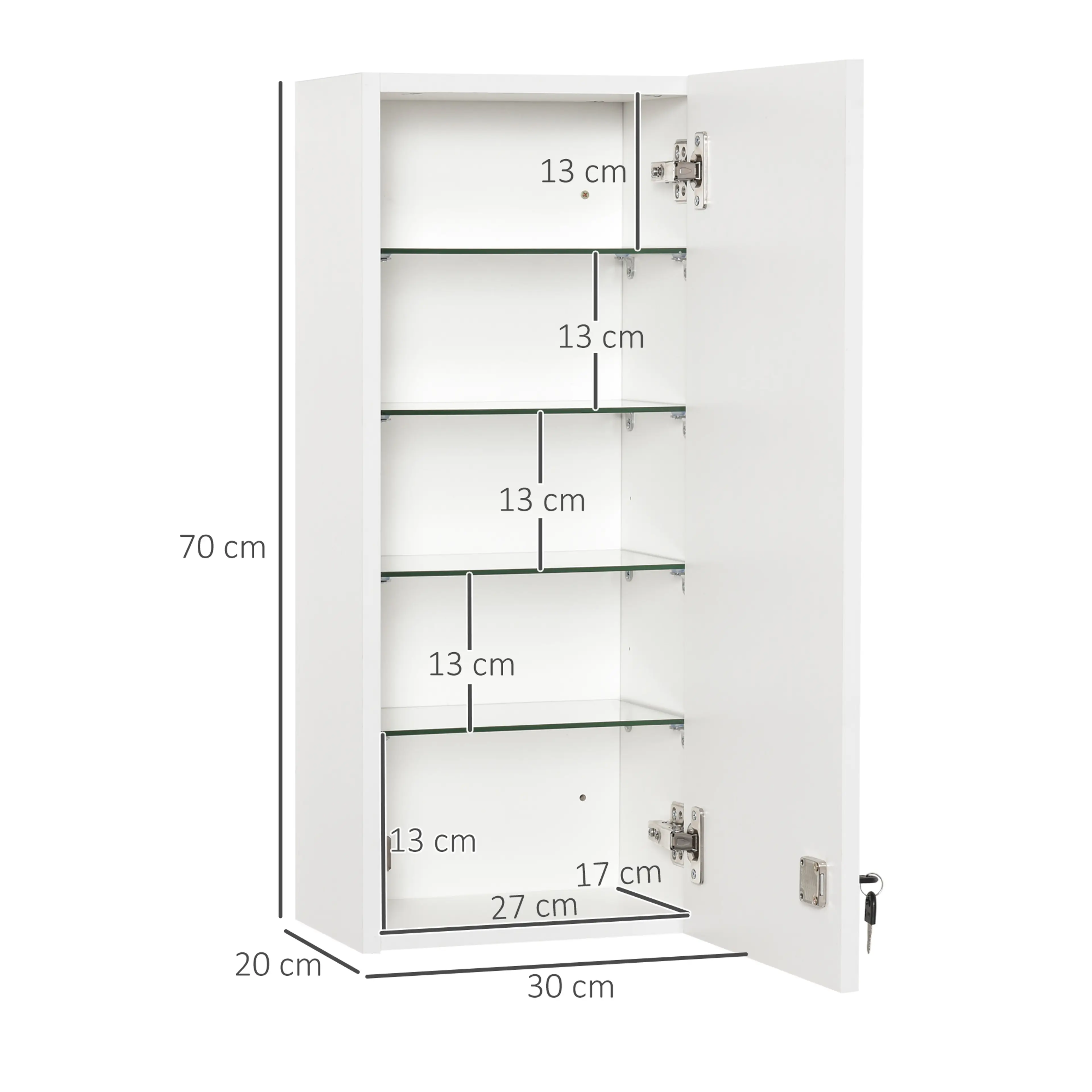 Måttskiss: skåpet 30 × 20 × 70 cm med fem plan på 13 cm var
