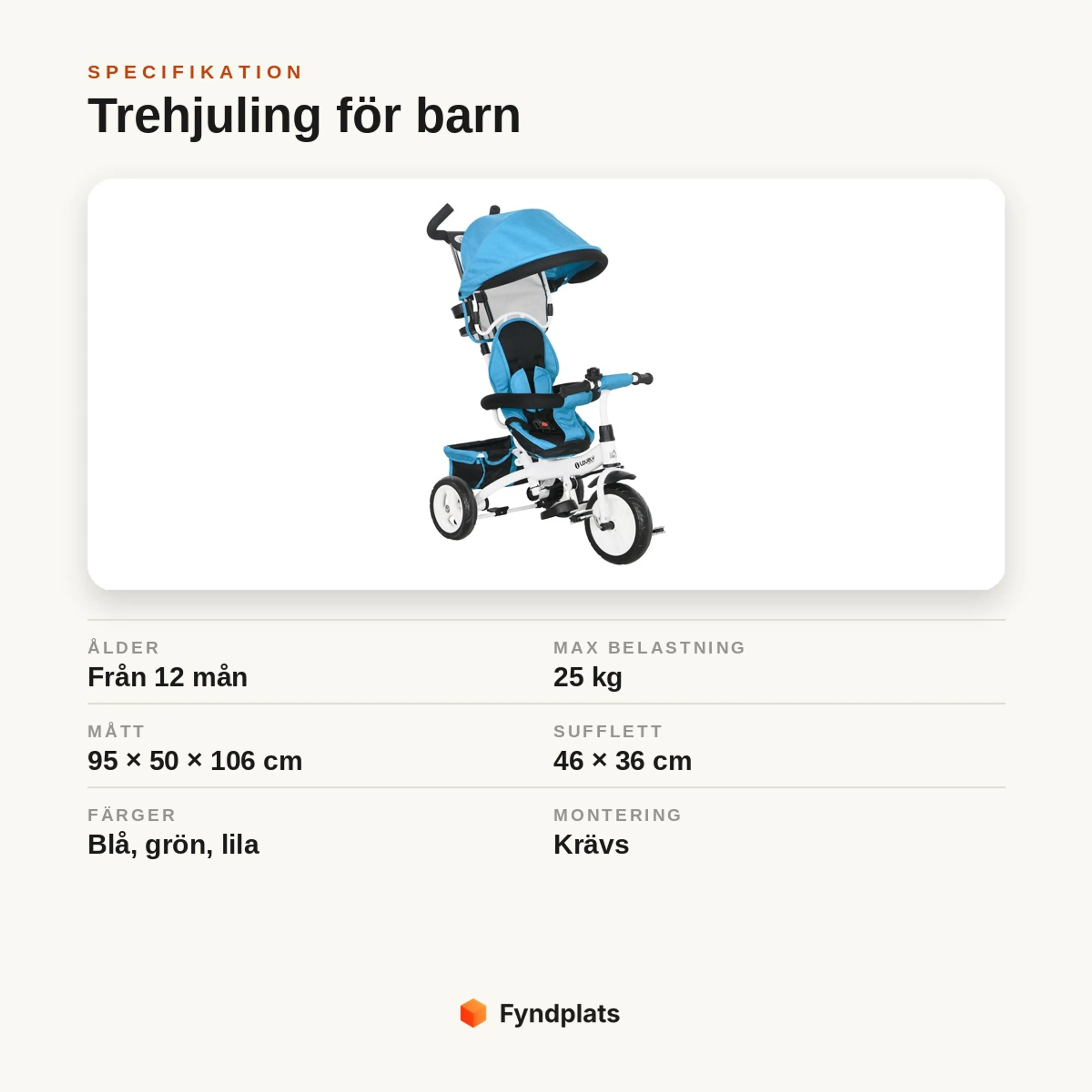 Specifikationskort: trehjuling för barn från 12 mån, max 25 kg, mått 95 × 50 × 106 cm, finns i blå, grön och lila