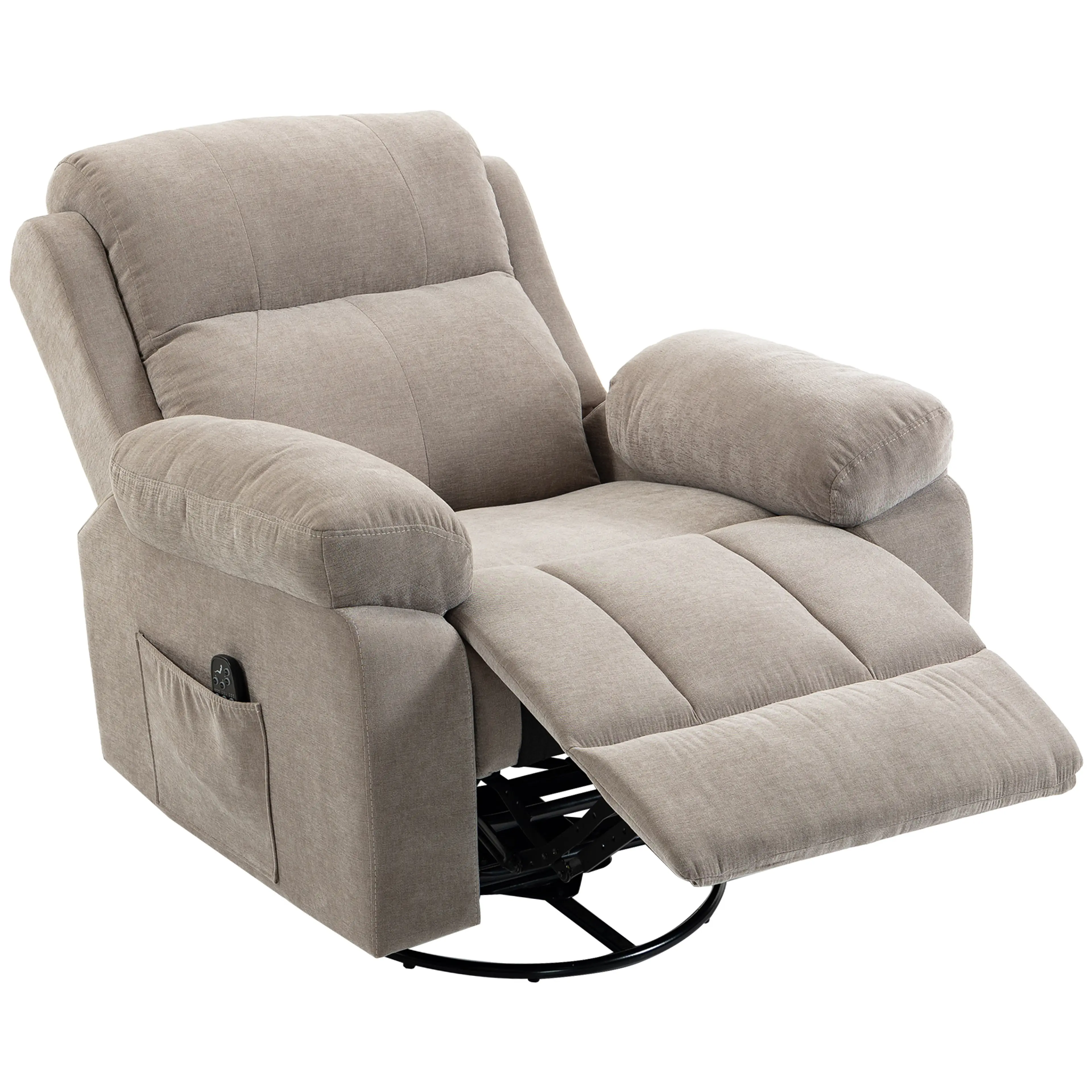 Snurrbar massagefåtölj i beige chenille – gungar, värme och lutning till 145°