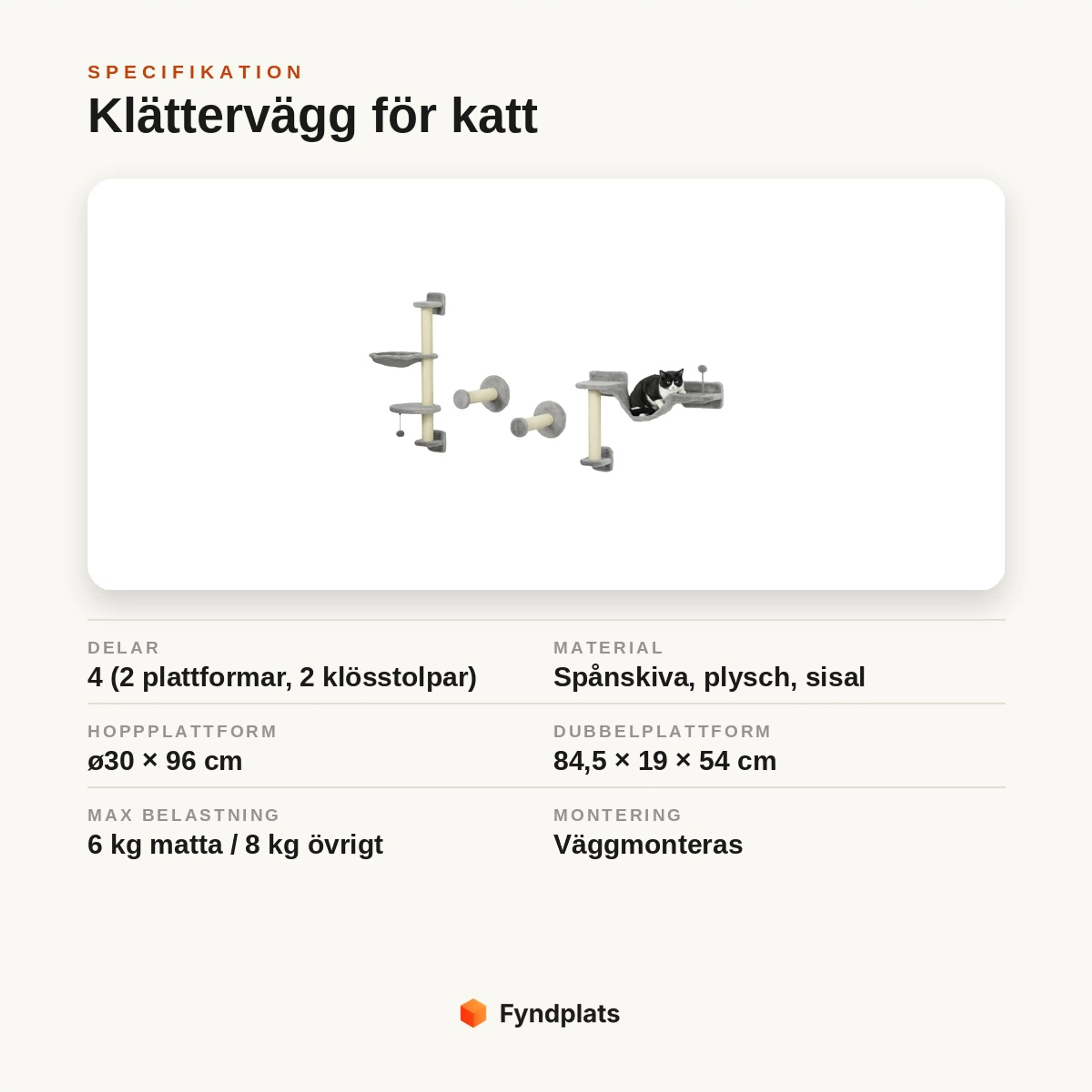 Specifikationskort: klättervägg för katt i 4 delar, spånskiva/plysch/sisal, hoppplattform ø30 × 96 cm, väggmonteras