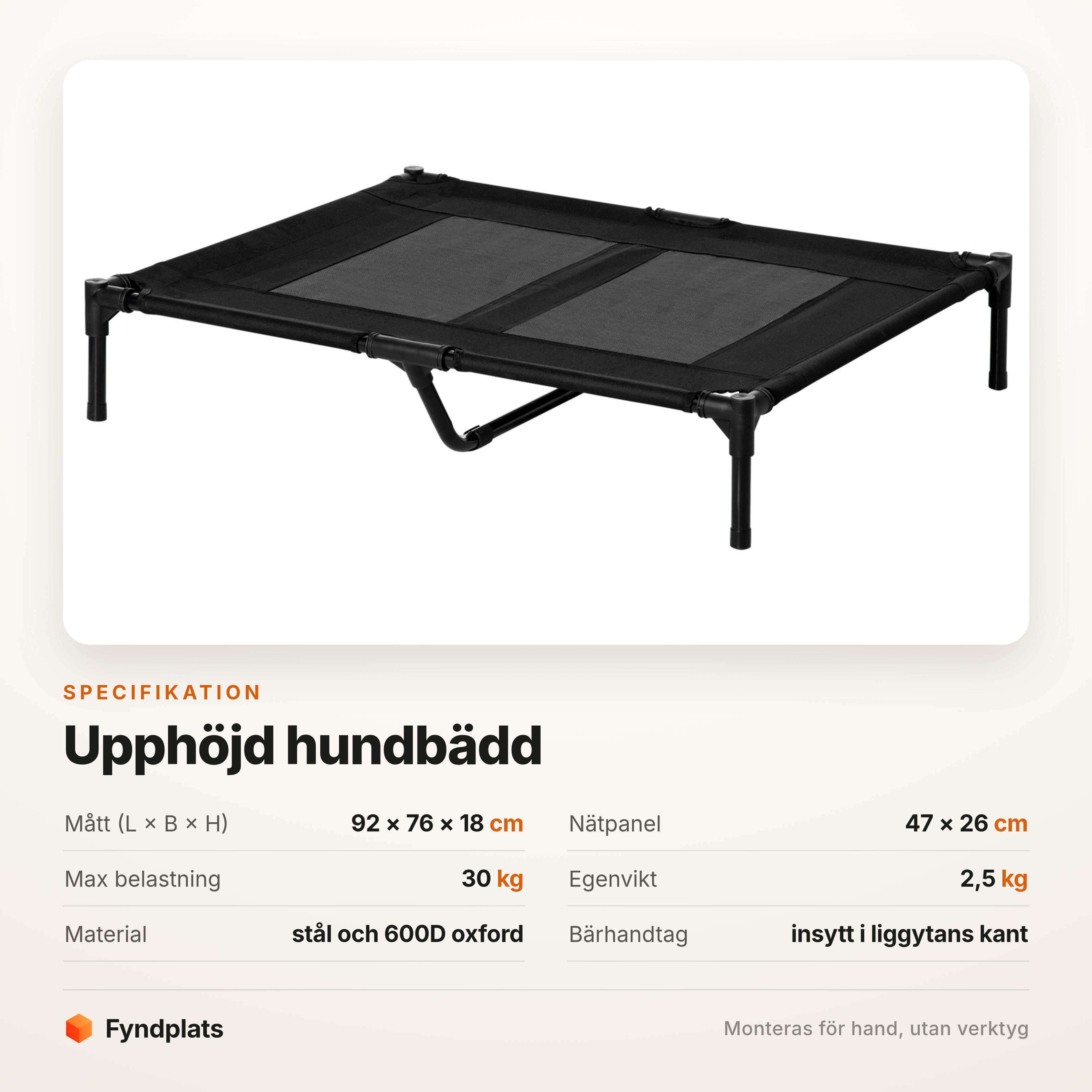 Fyndplats spec-kort för den upphöjda hundbädden: 92 × 76 × 18 cm, nätpanel 47 × 26 cm, max 30 kg, egenvikt 2,5 kg, stål och 600D oxford, insytt bärhandtag.