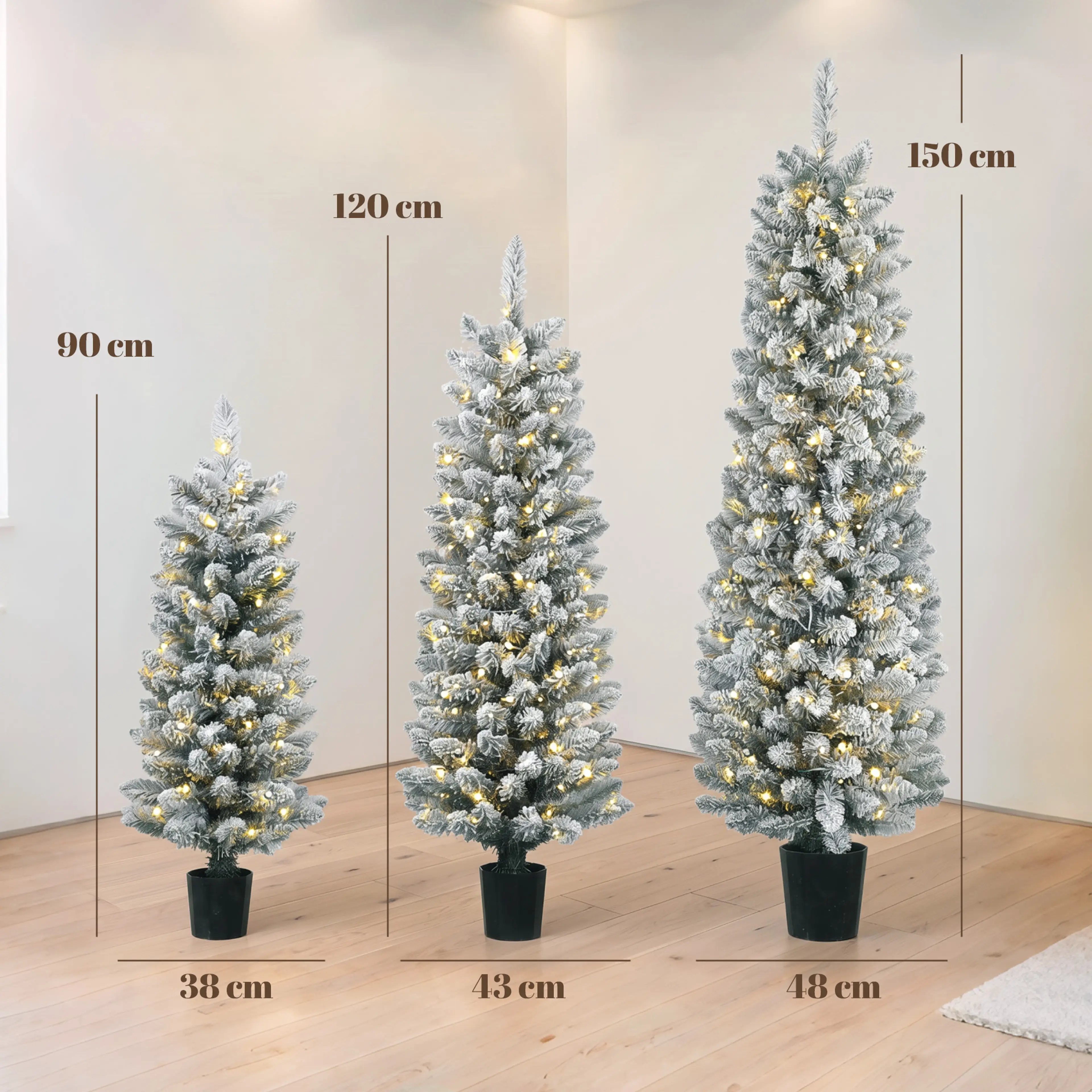 Måttbild: granarna är 90, 120 och 150 cm höga och Ø38, Ø43 och Ø48 cm