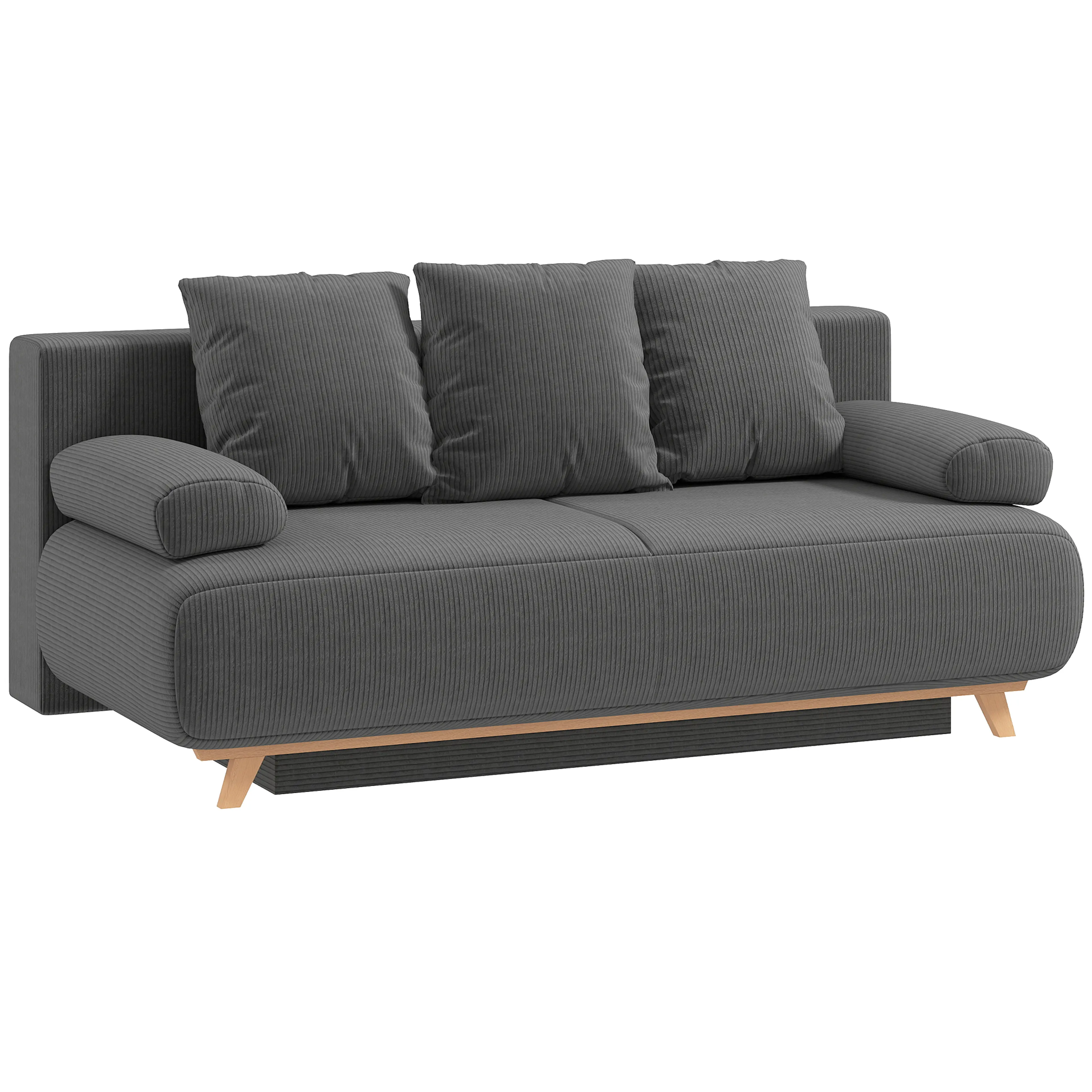 Bäddsoffa i grått manchesterlook med tre ryggkuddar och ben i trä