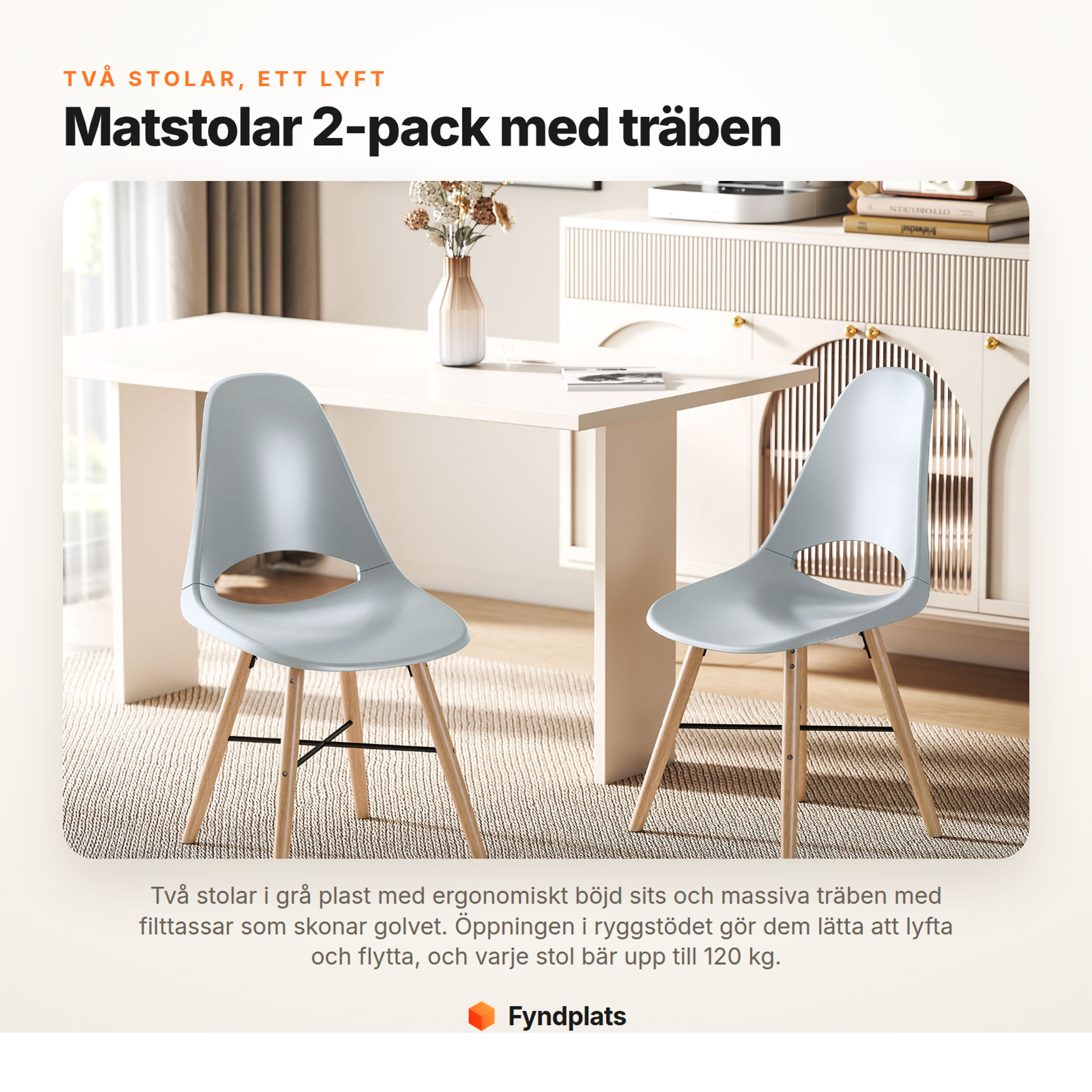 Fyndplats – matstolar 2-pack i grå plast med träben, ergonomisk sits och 120 kg bärkraft